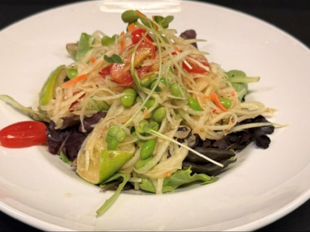 Spicy Green Papaya Salad w/ Grilled Prawns (GF).