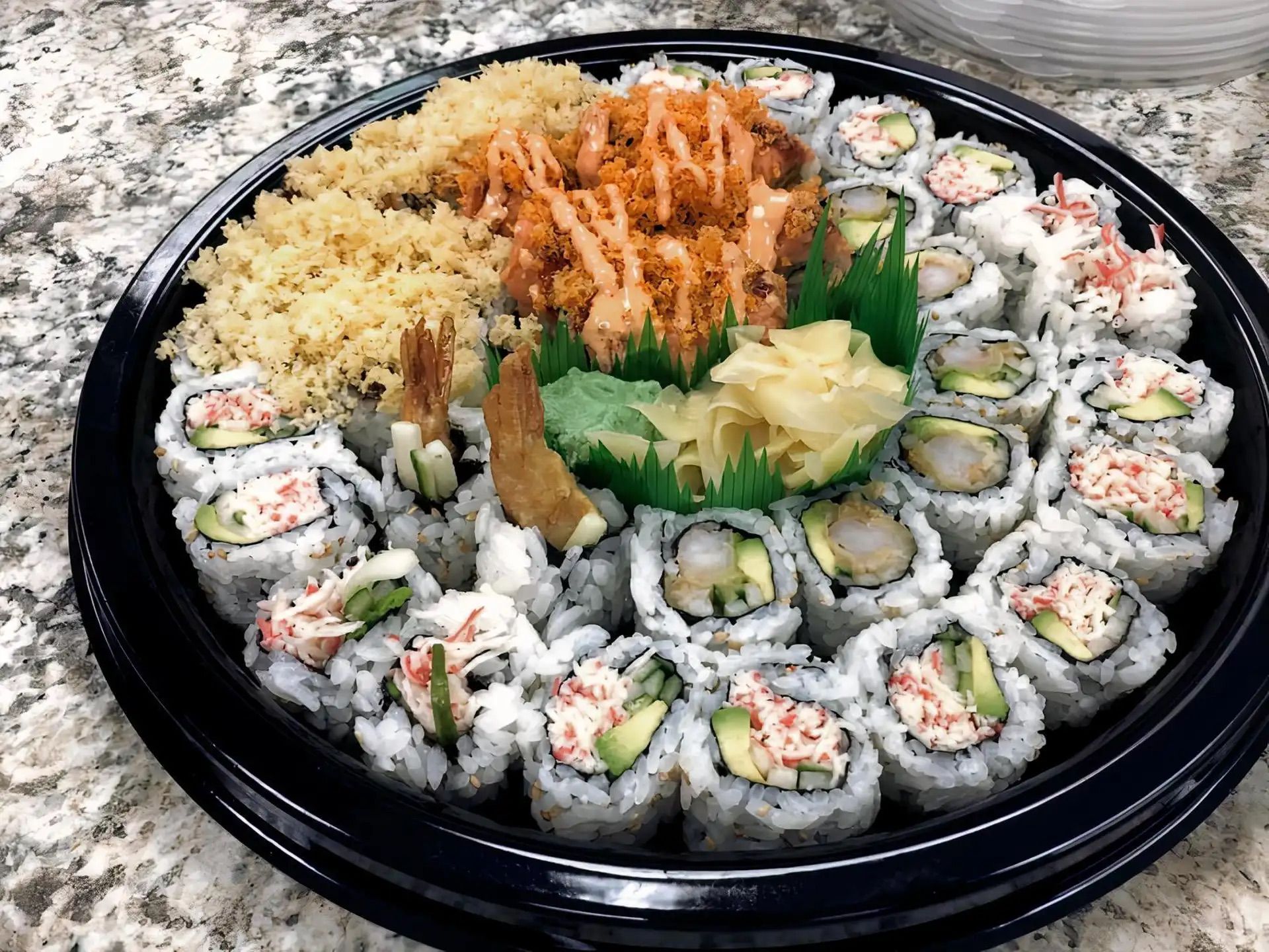 P1 (2 California Rolls, 1 Crab Crunch Roll, 1 Shrimp Tempura Roll, 1 Spicy Crab Crunch Roll).