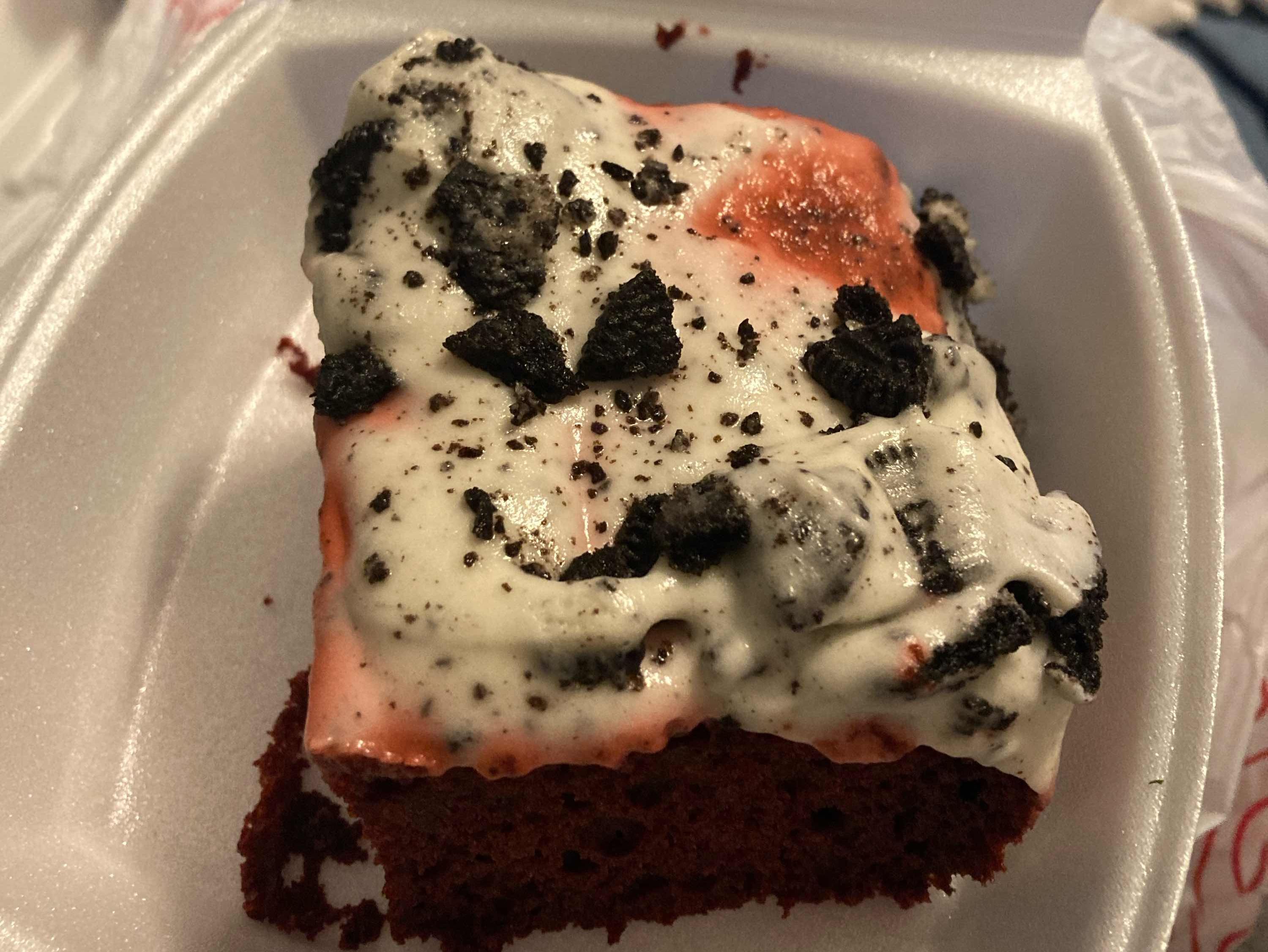 Red velvet with cookies and cream icing.