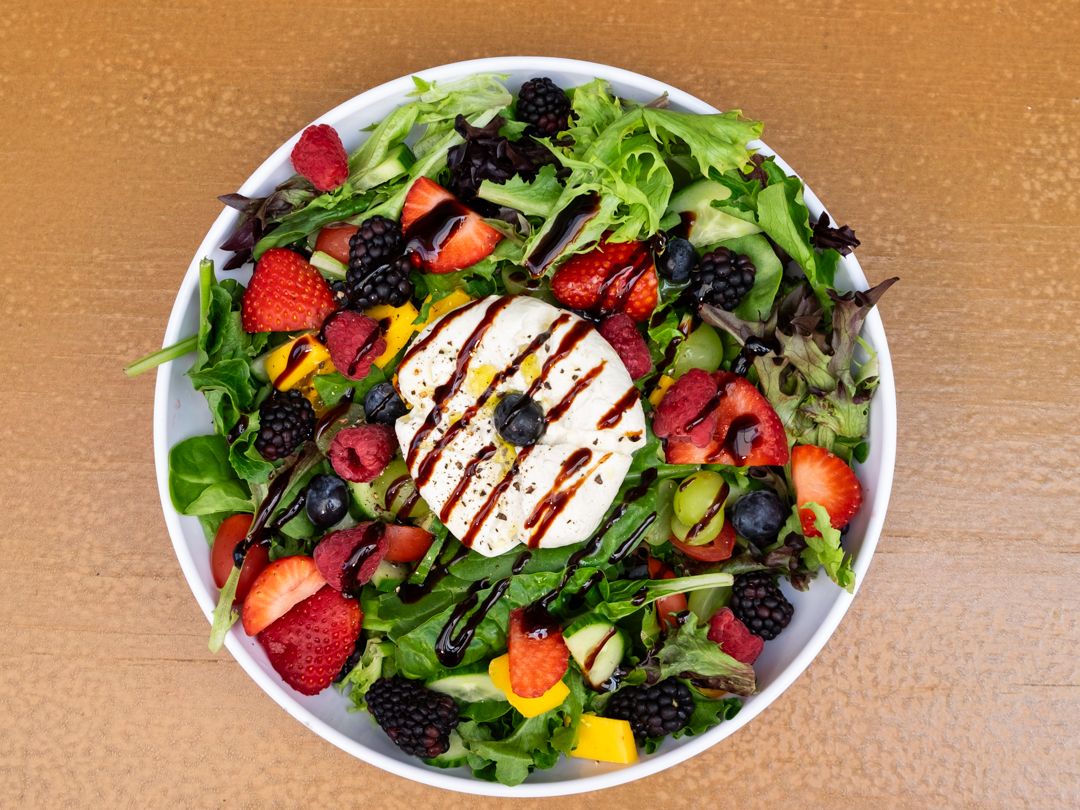 Burrata w/Seasonal Fresh Fruit Salad.