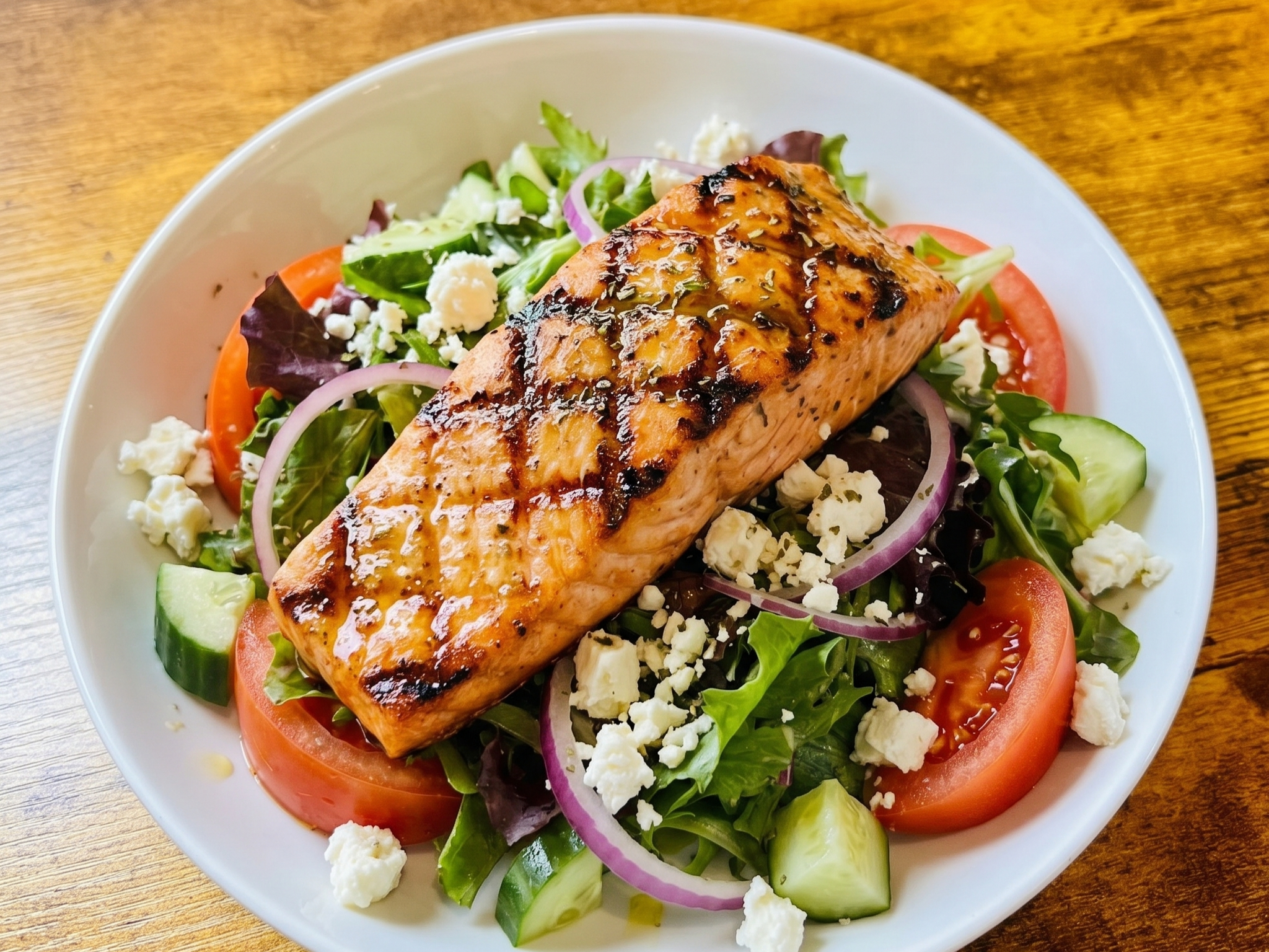 Greek Salad With Grill Salmon.