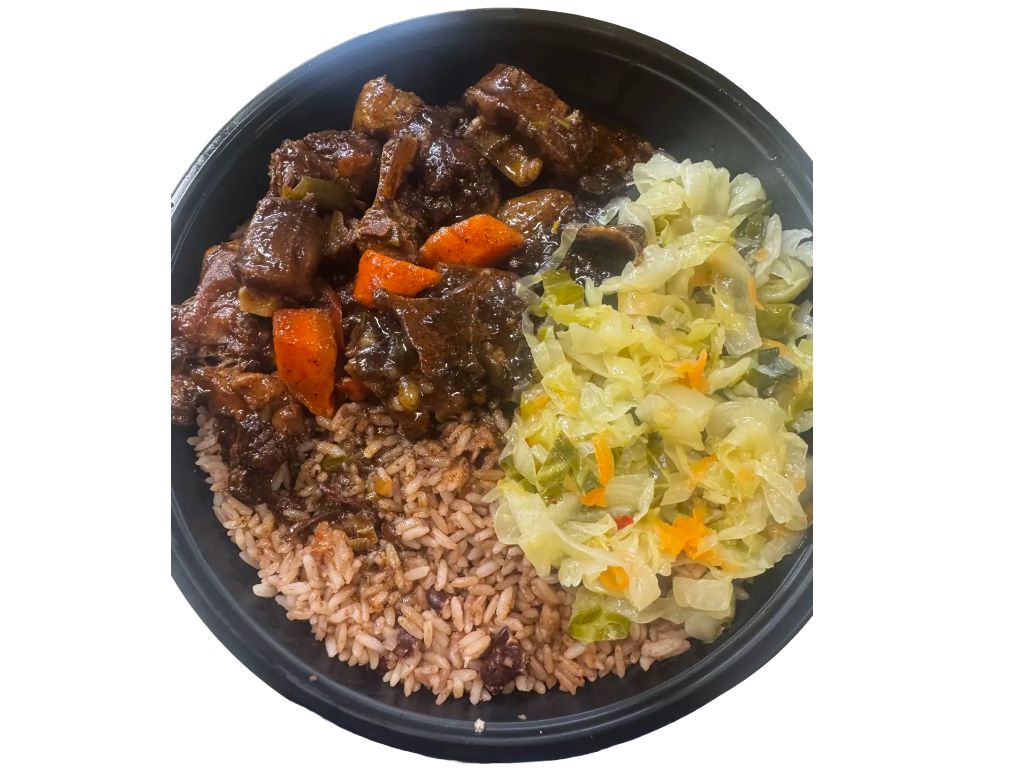 Oxtail Stew Rice & Beans, Cabbage.