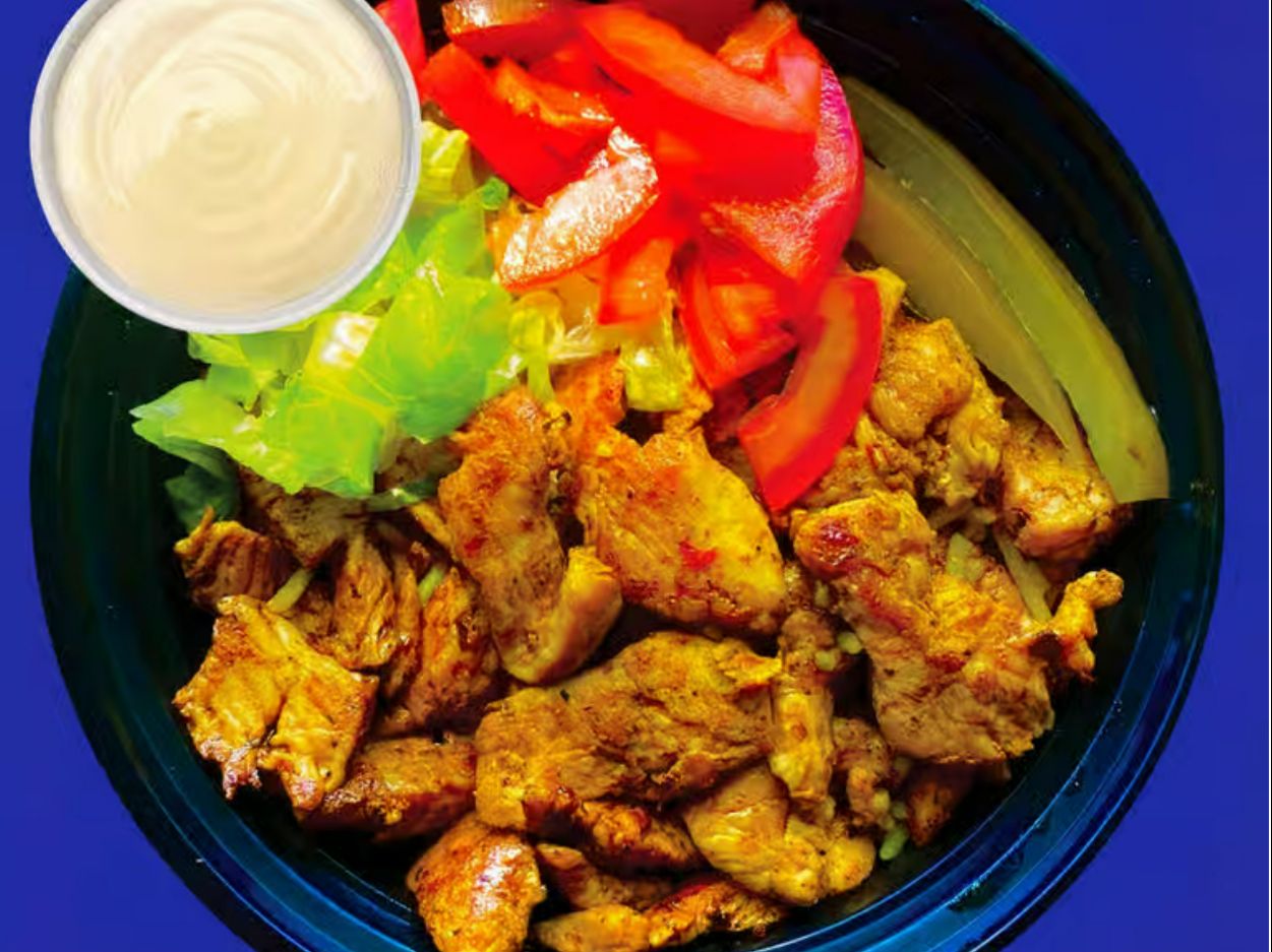 Chicken Shawarma Rice Bowl & Garlic.