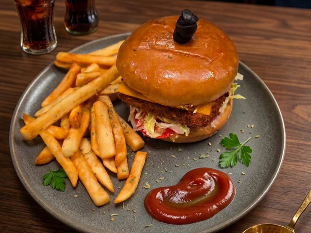 Tikka Burger With Fries.