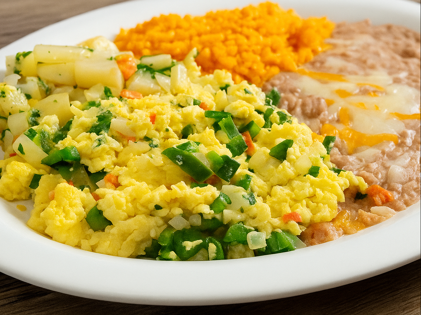 3 EGGS WITH RICE BEANS AND SALAD.