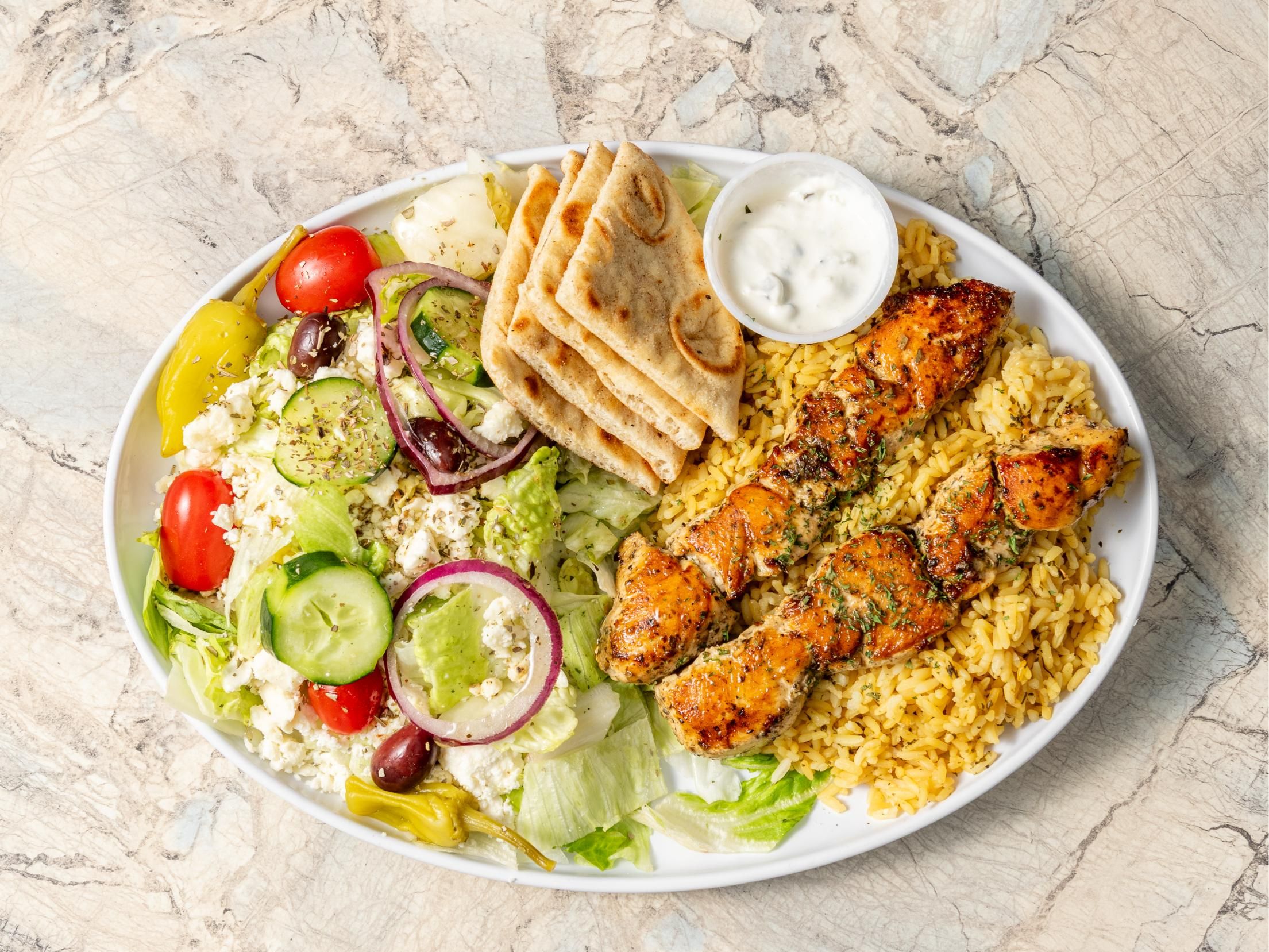 Chicken Souvlaki Platter.