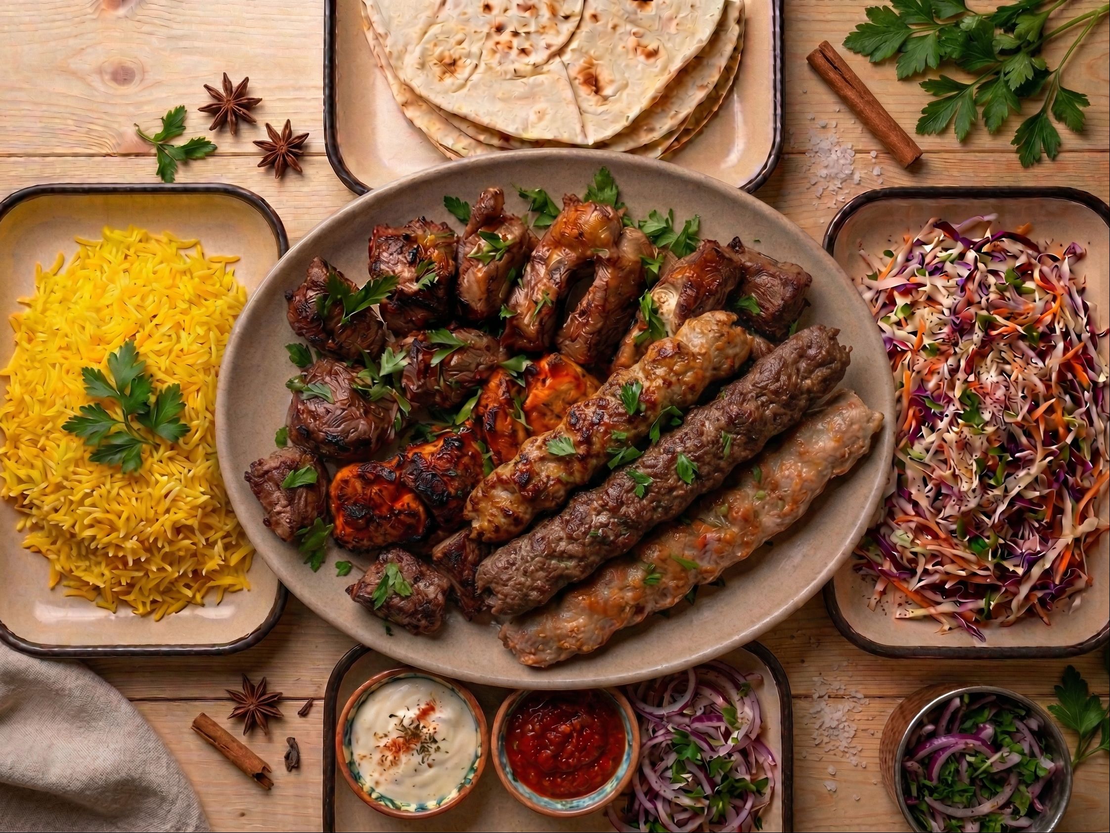 (5) Family Plate 7-9 people (6 Lula Koobideh Chicken, Lamb, Beef. 2 Chicken Thighs Kebab. 2 Lamb Kebab).