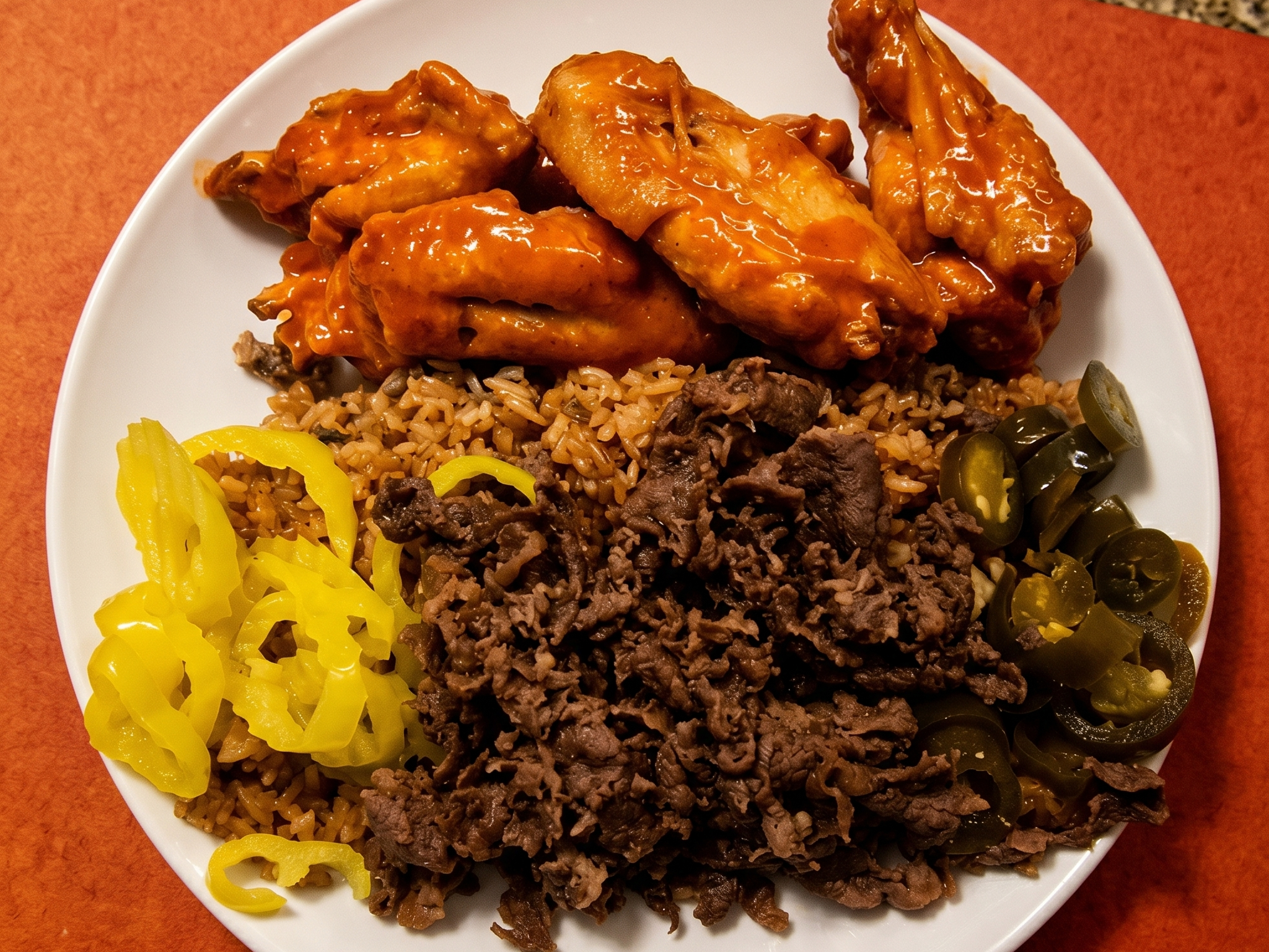 6 Piece Chicken Wings With Beef Or Shrimp Fried Rice.