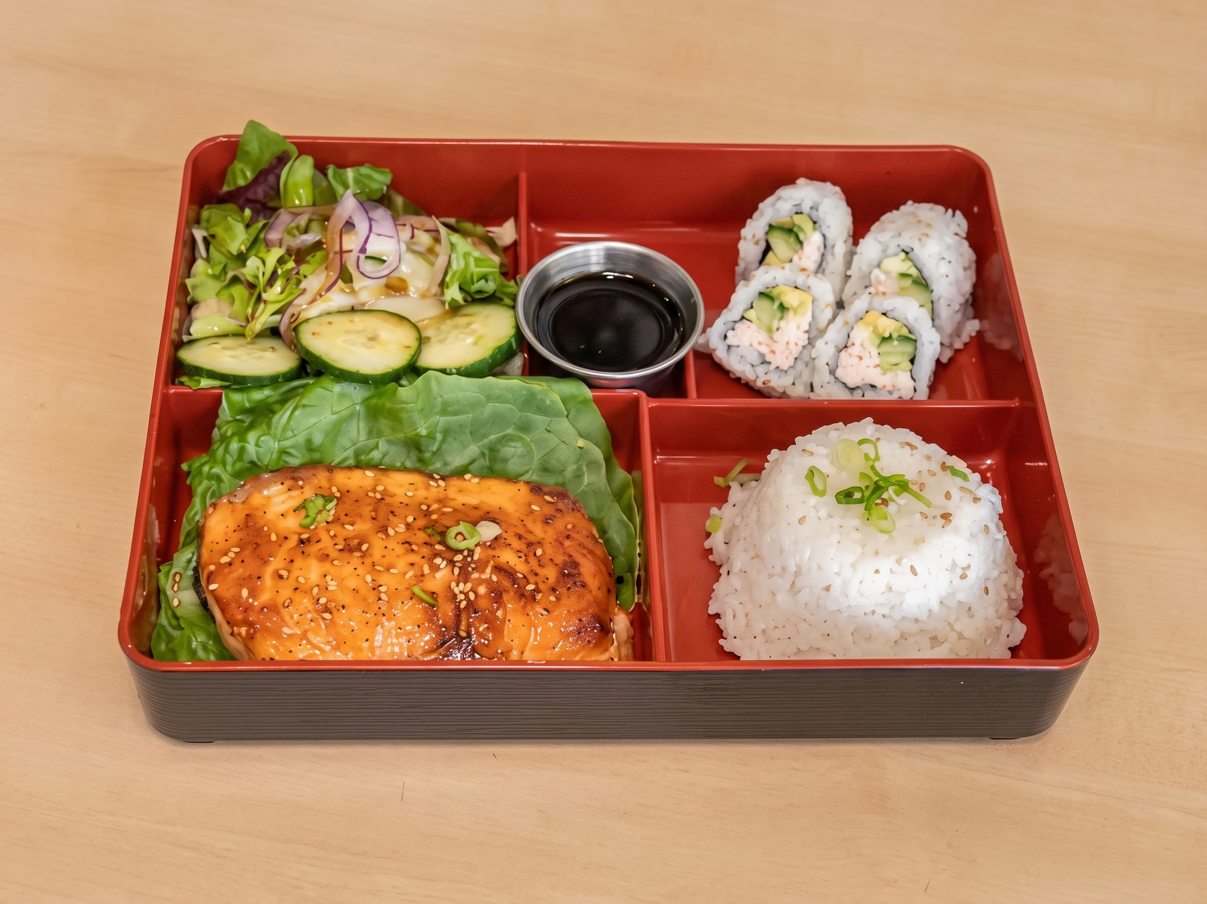Salmon Teriyaki Bento Box W/ California Roll.