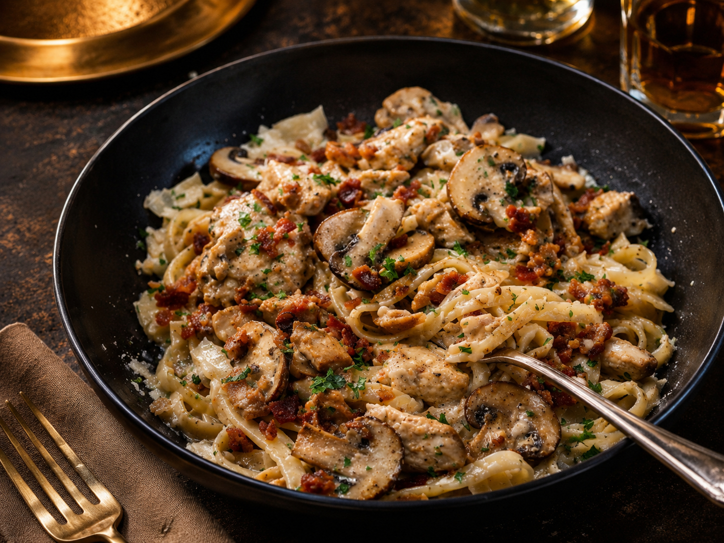 Creamy Chicken, Bacon and Mushroom Pasta.