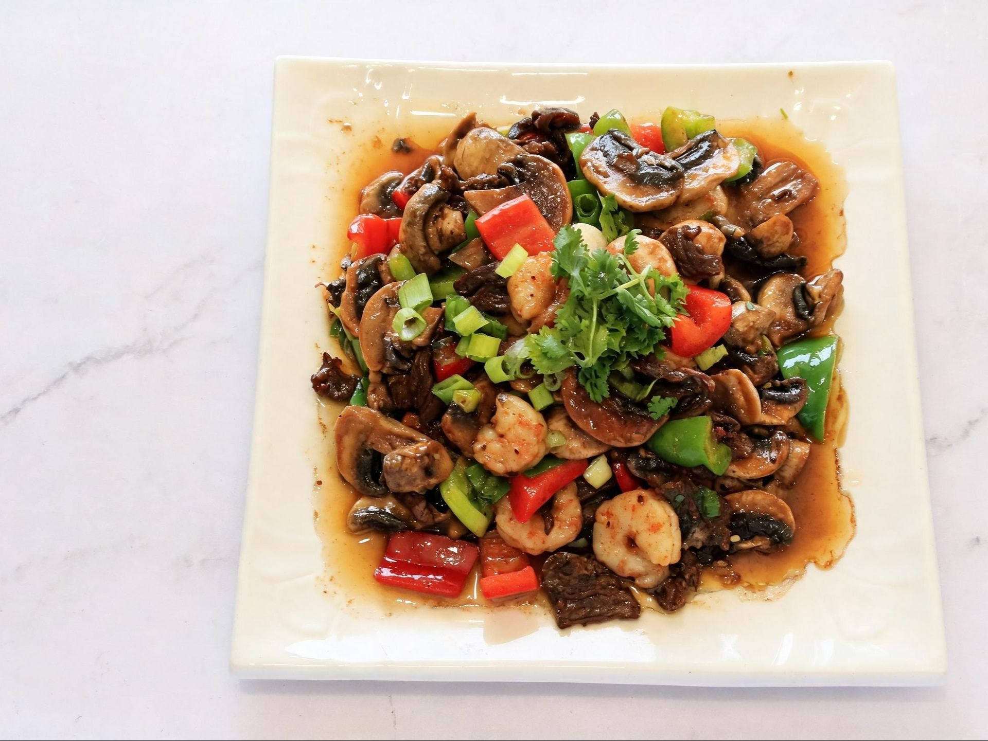 Beef & Shrimp with Mushrooms.