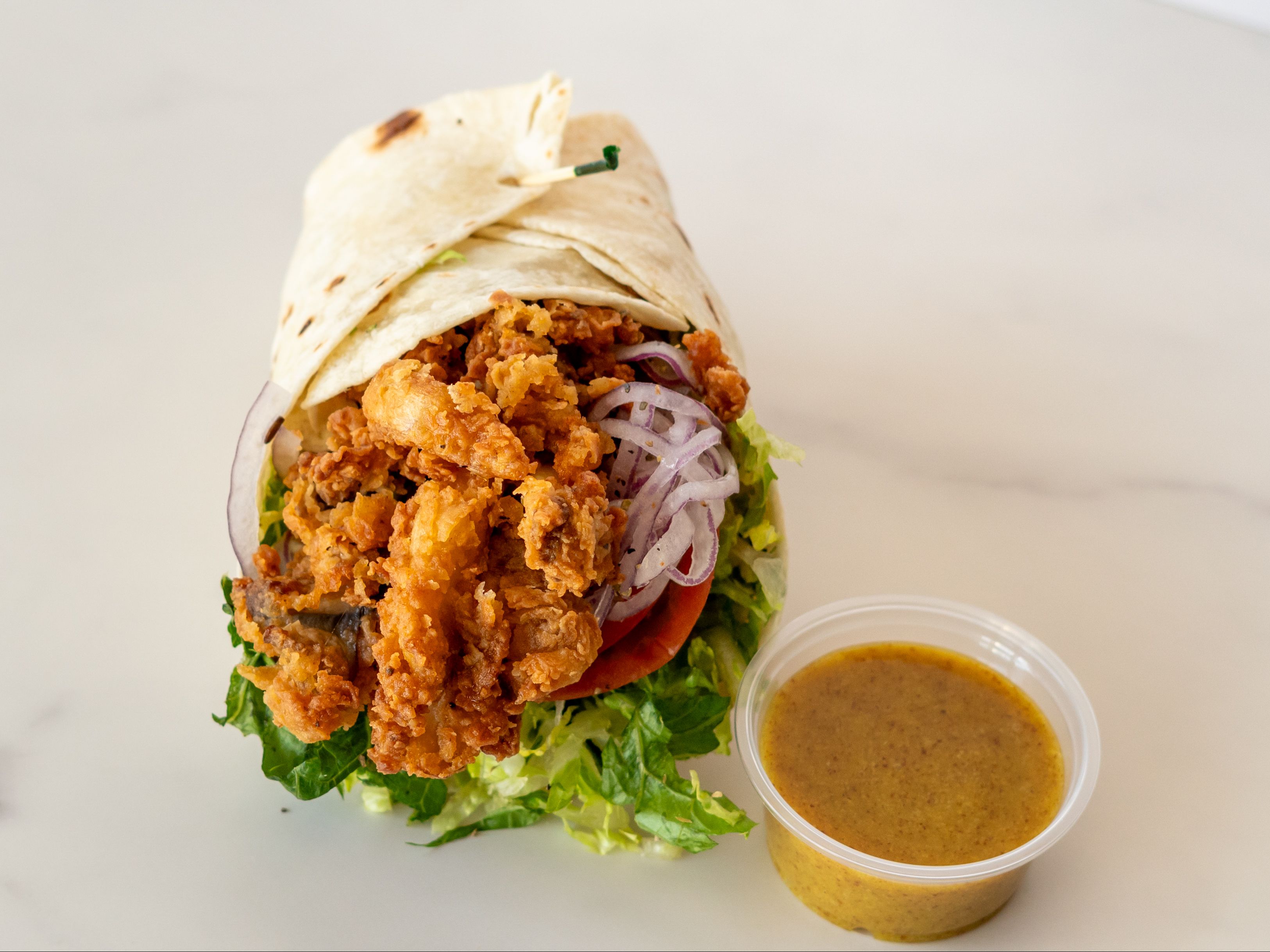 Snack Wrap w Fried Oyster Mushrooms.