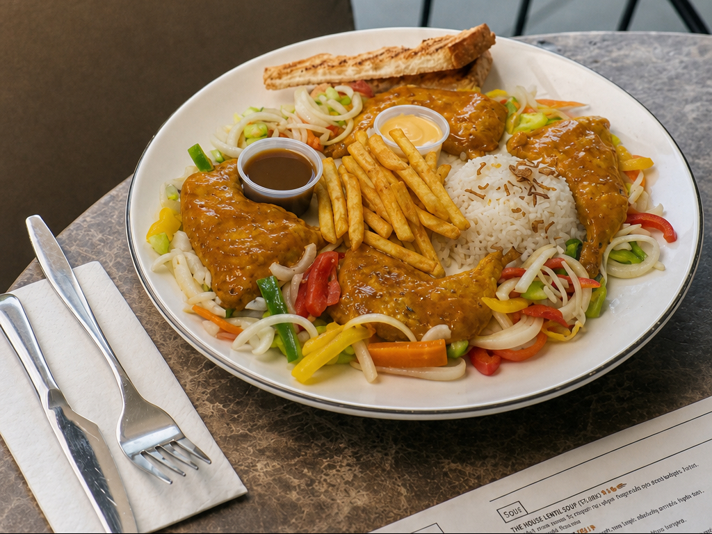 8 Grill Chicken Leg Quarters, Sauteed (Onion, Tomato, Pepper) with Peri Peri Wing Sauce & 2 Large Fries.