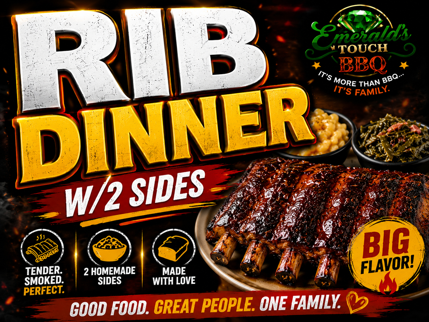 Ribs Dinner (w/ Two Sides, Bread).
