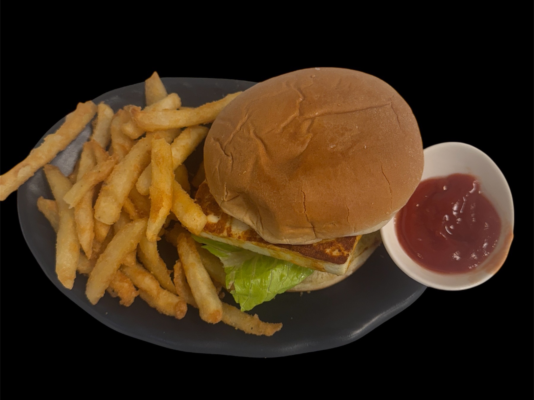 Grill Paneer Burger With Fries & 12oz Soda Can(Grilled Paneer Cheese, Lettuce,Sauted Onion&Tomato, Cheese,Pickle,Sharjah Sauce).