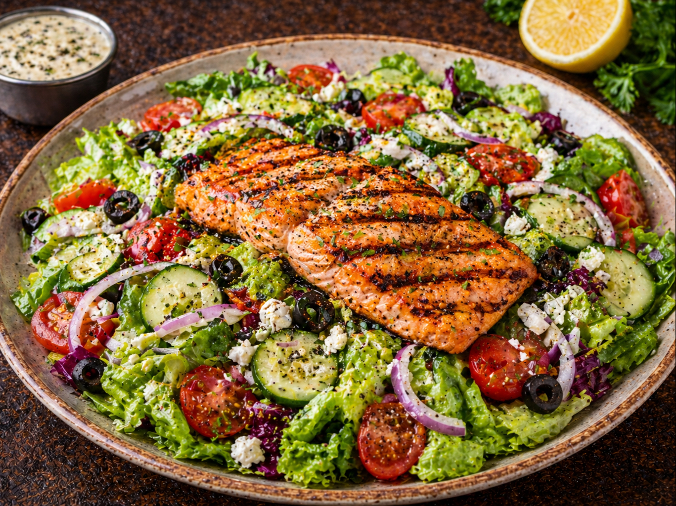 Salmon Kabob Salad.