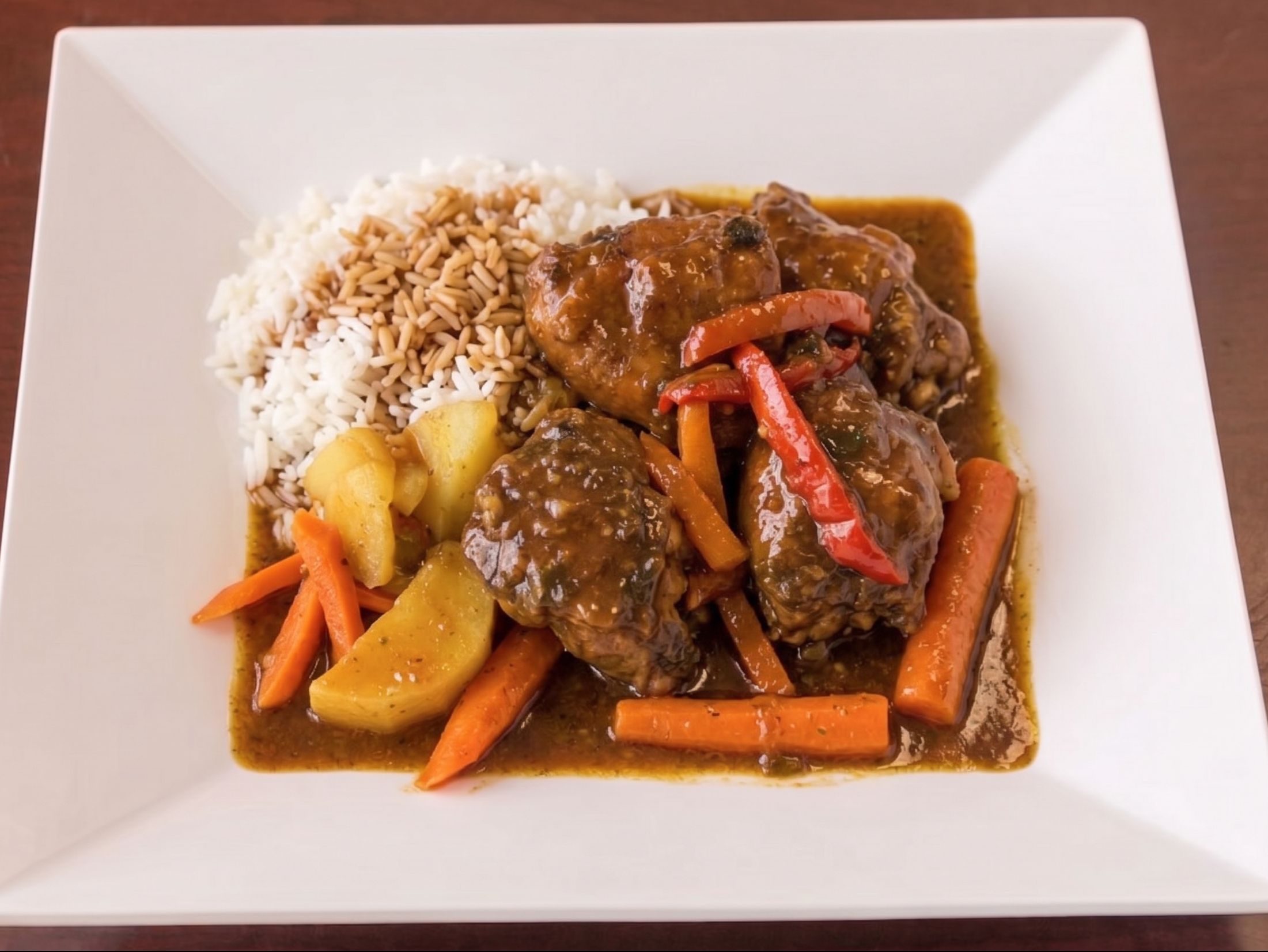 Brown Stew Chicken, Carrot Rice.