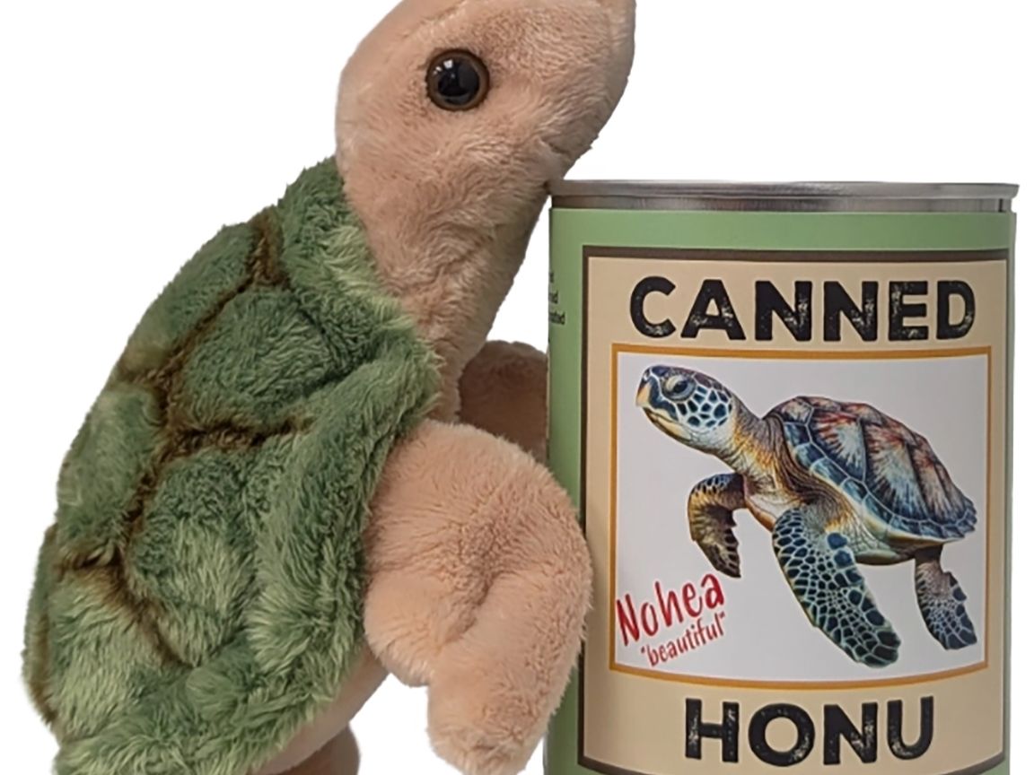 Hawaiian Canned Honu | Stuffed Sea Turtle Plush w/Jokes Foil Lid.
