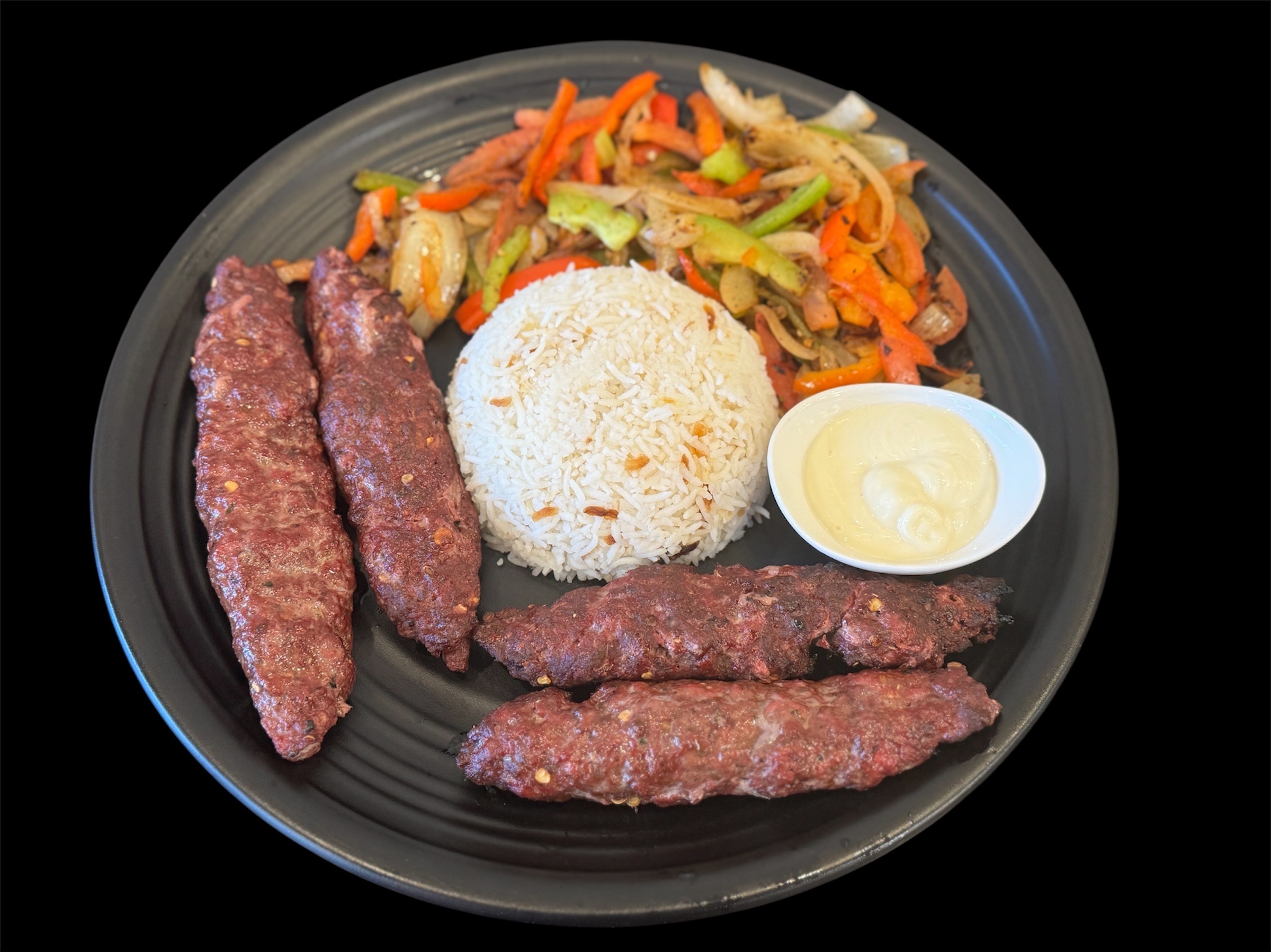 Beef Kabab Rice Bowl  ( 4 Pices Seekh Kabab, Basmati Rice, Salad , Garlic Dip).