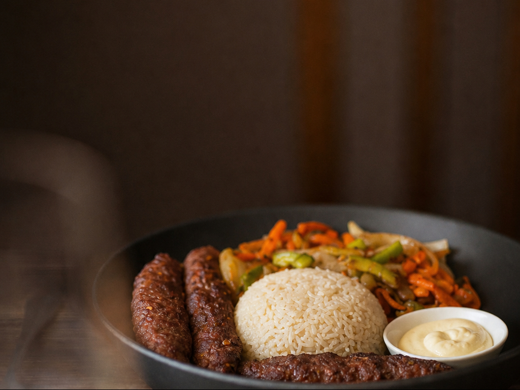 Beef Kabab Rice Bowl (4 Pieces Seekh Kabab, Basmati Rice, Salad, Garlic Dip).
