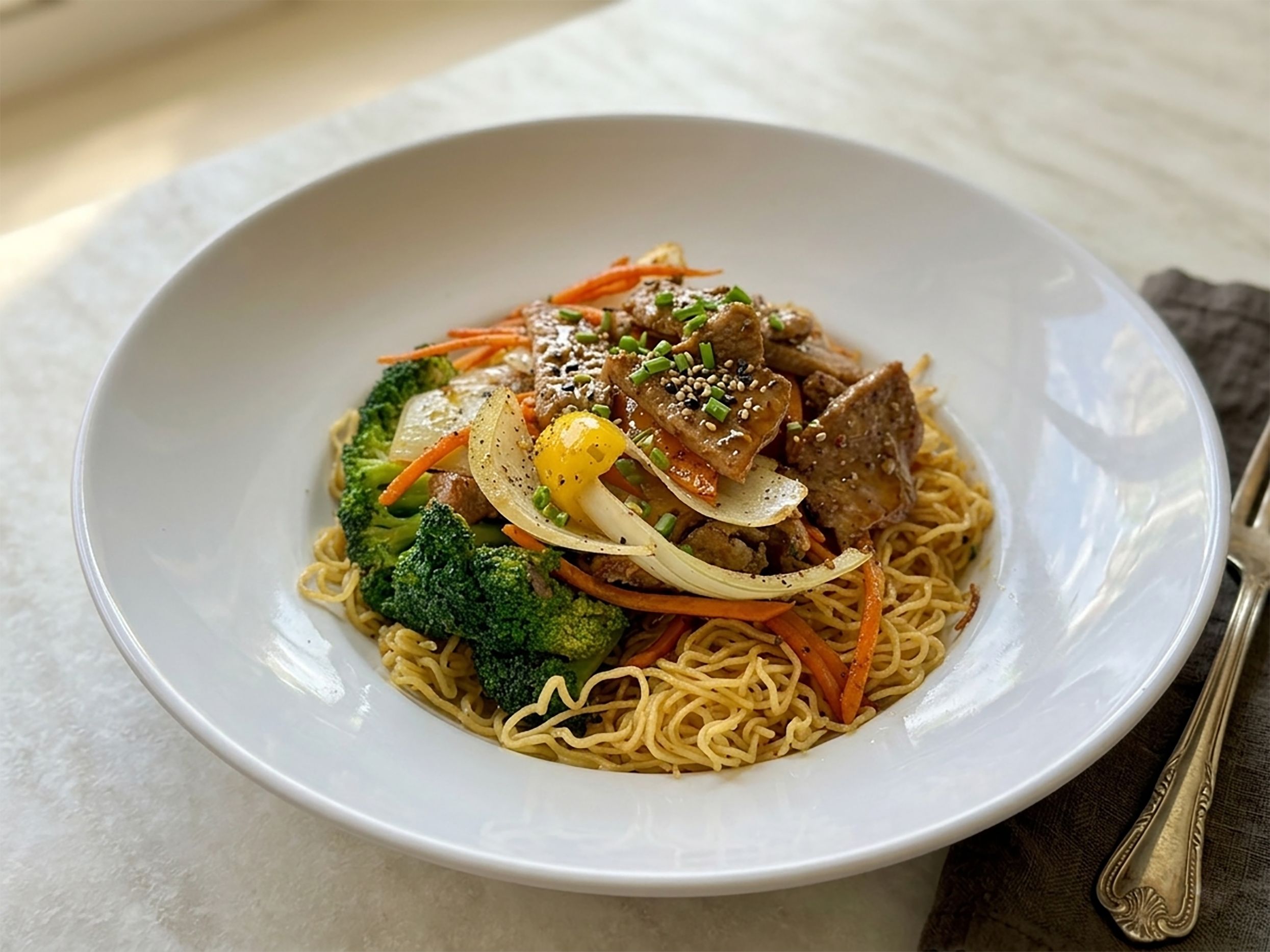 E1. Grilled Beef Egg-Noodle Stir-Fry.
