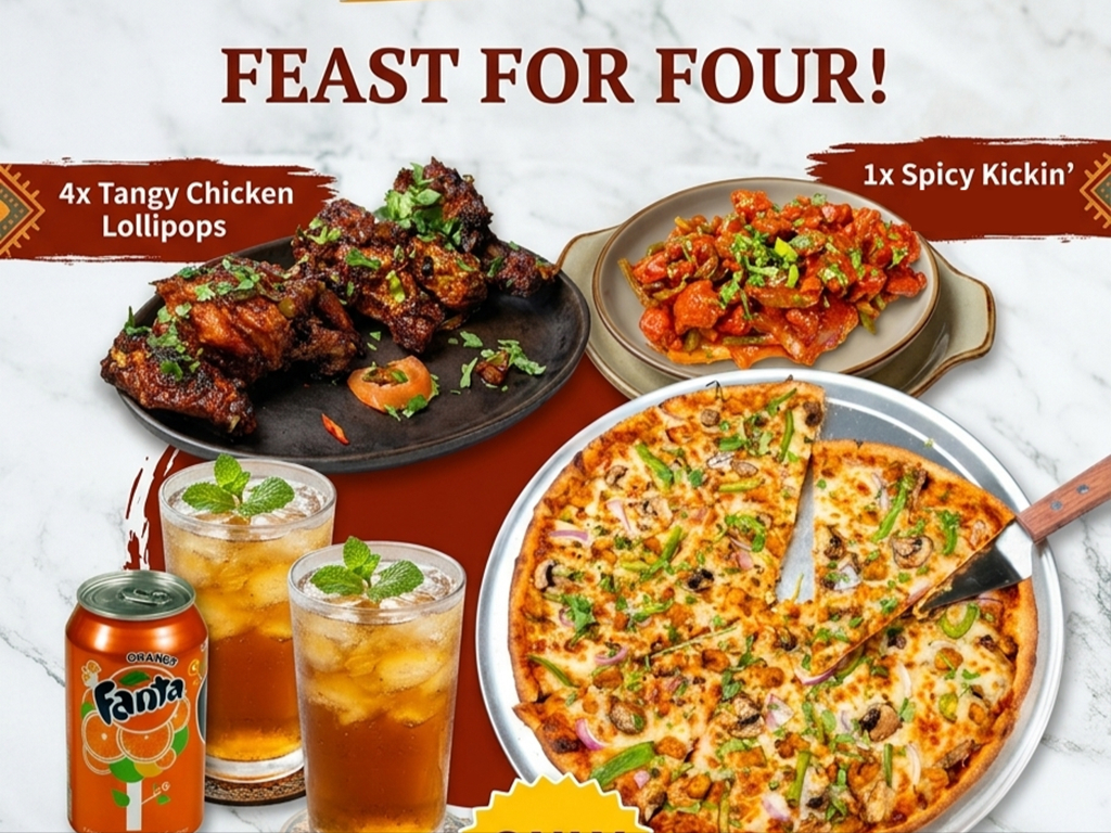 Kickin’ Chicken+ Fusion Pizza (Large) + 2 Drinks.
