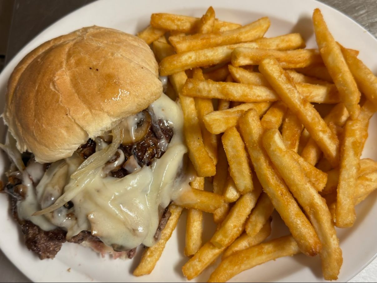 Mushroom, Onion, Swiss Burger.