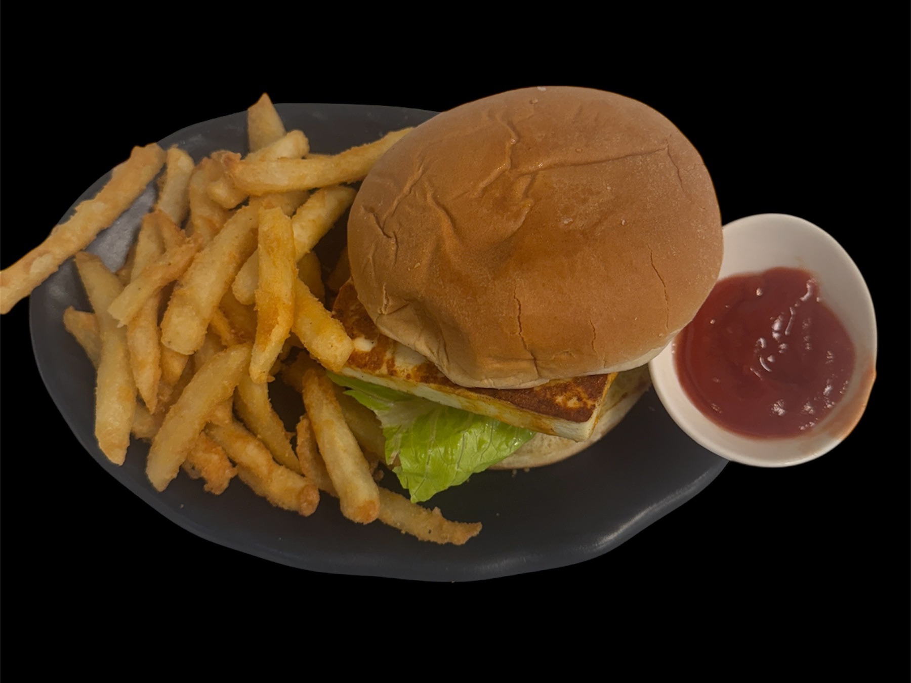 Grilled Paneer Burger ( V ) ( Grilled Paneer Cheese,Lettuce ,Tomato,Onion,Pickle,Sharjah Sauce).