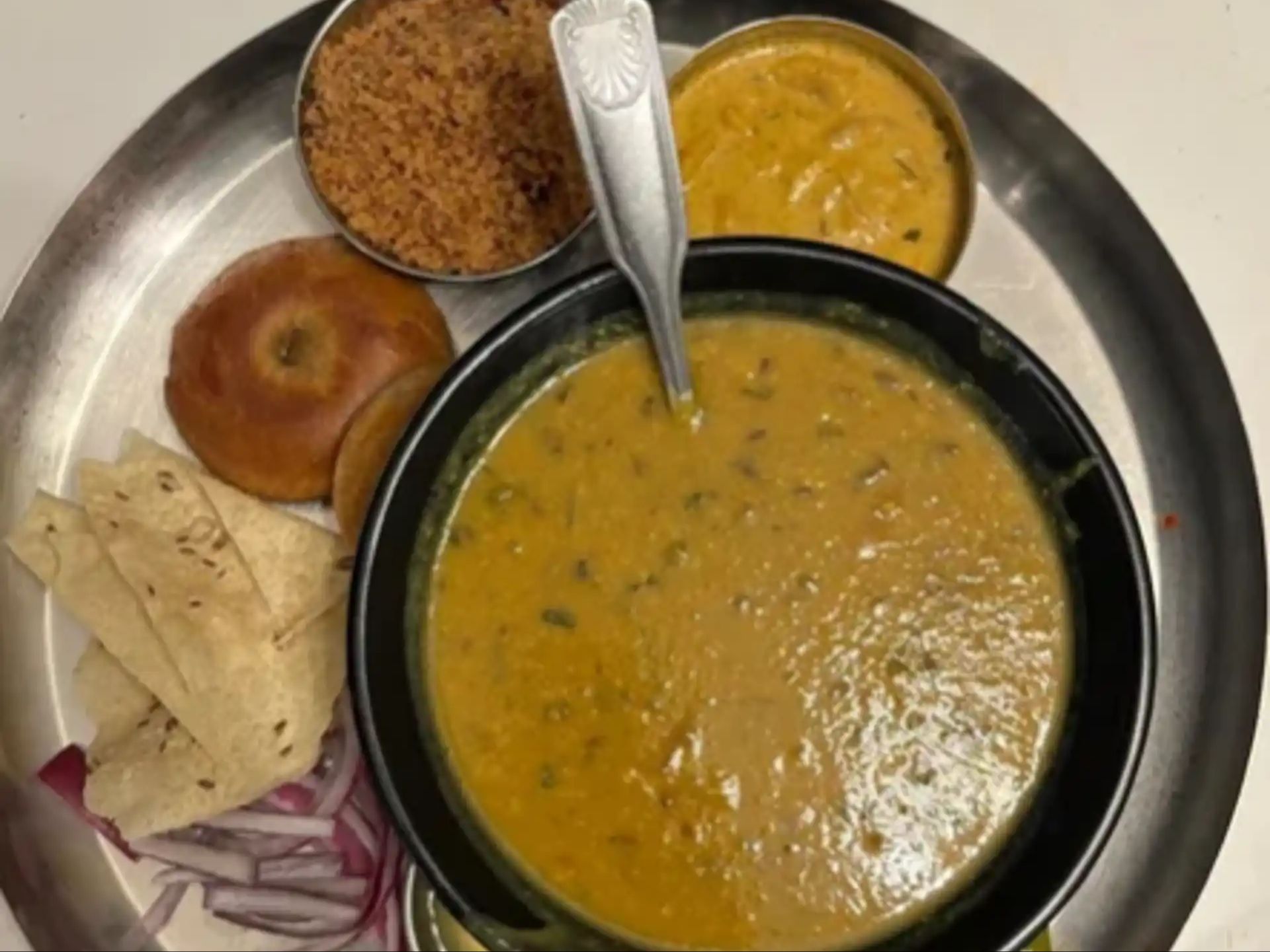 Daal Baati Churma Gatta Combo (2 Baati, 16 oz Daal, 1 Katori Churma & Gatte Ki Sabzi with Ghee)