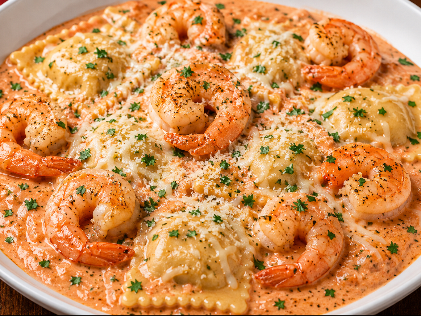 SHRIMP ALLA ROSA CHEESE RAVIOLI.