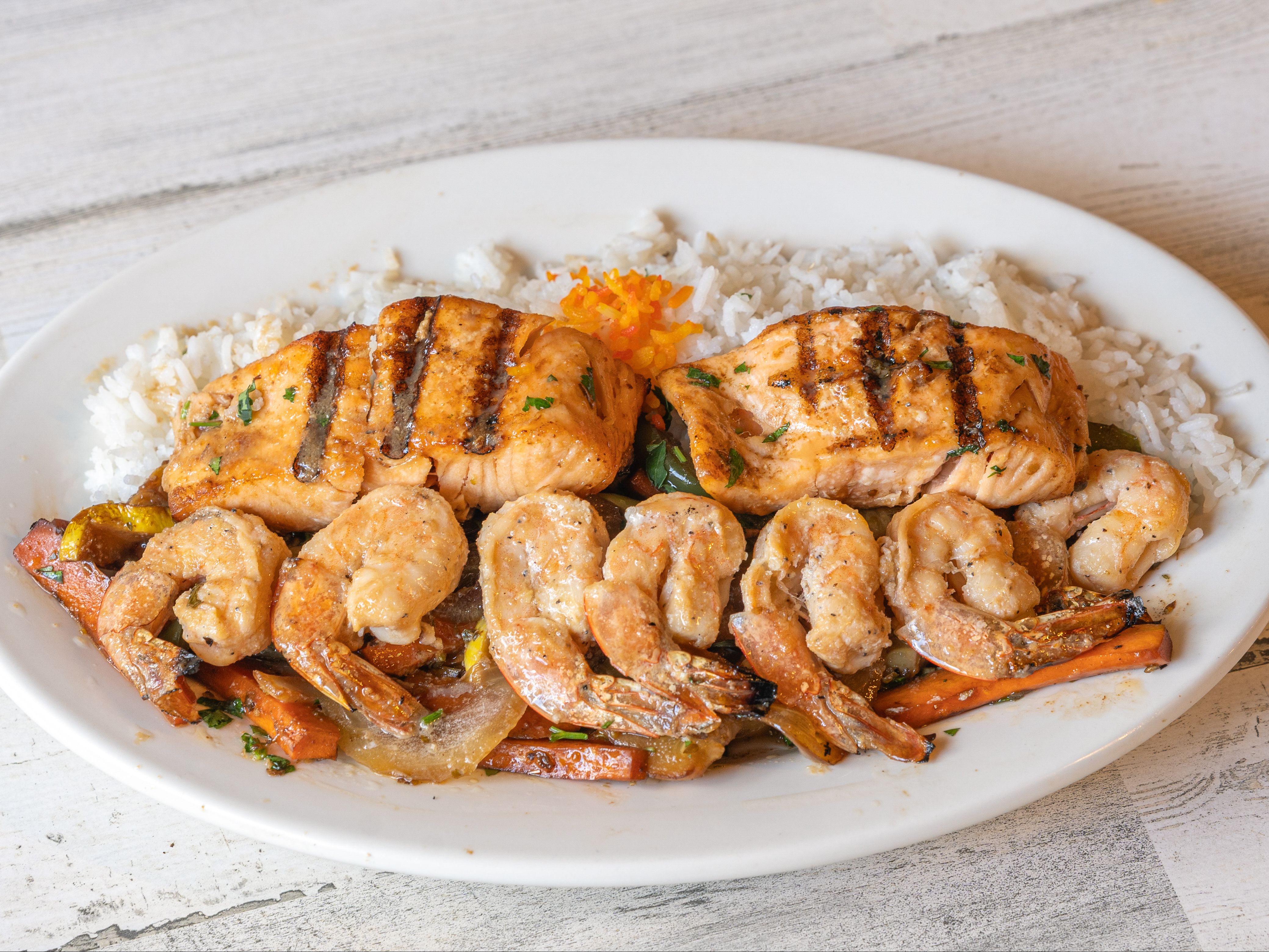 Shrimp And Salmon Kebab.