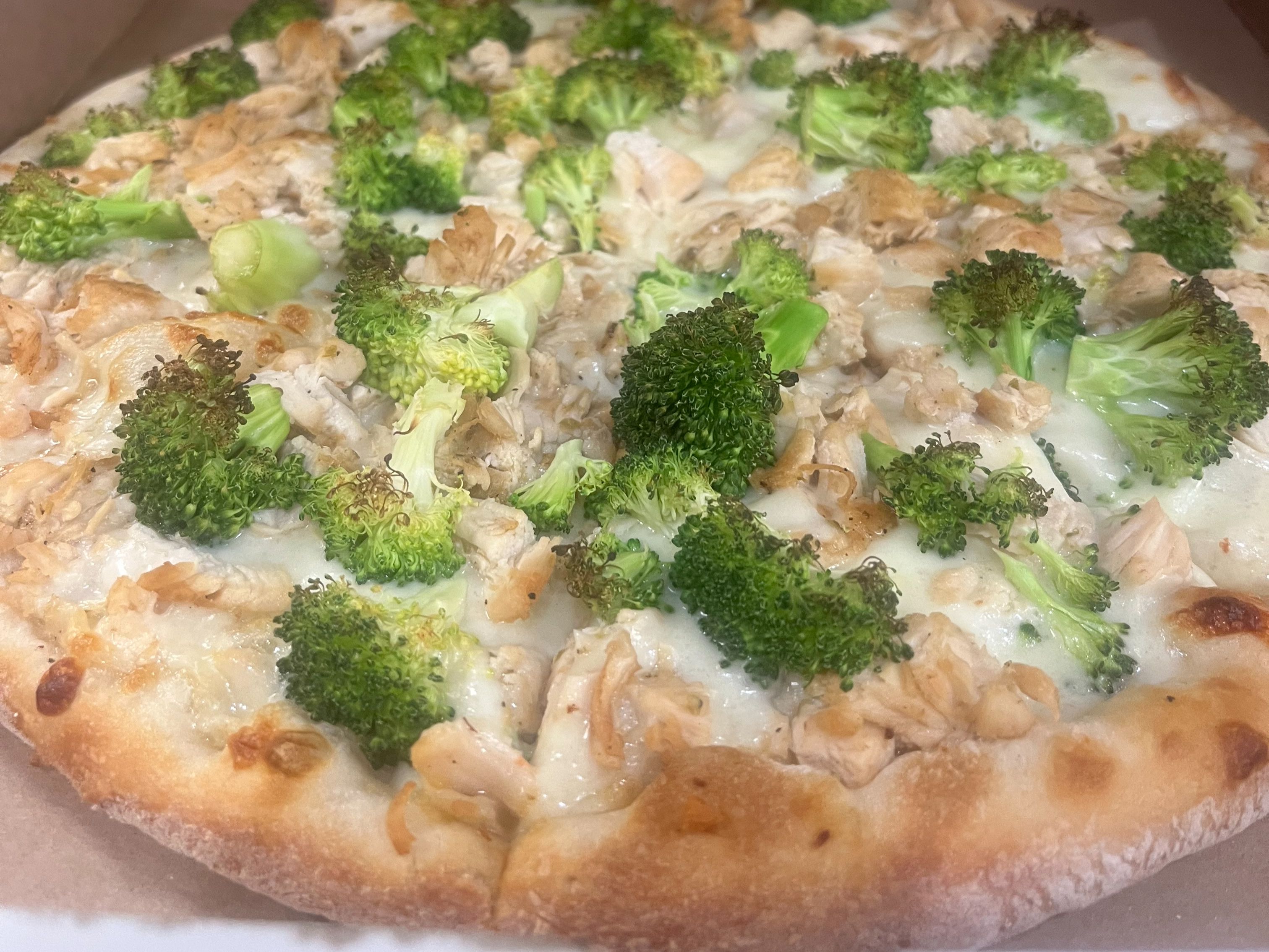Chicken, Broccoli, Alfredo Pizza.