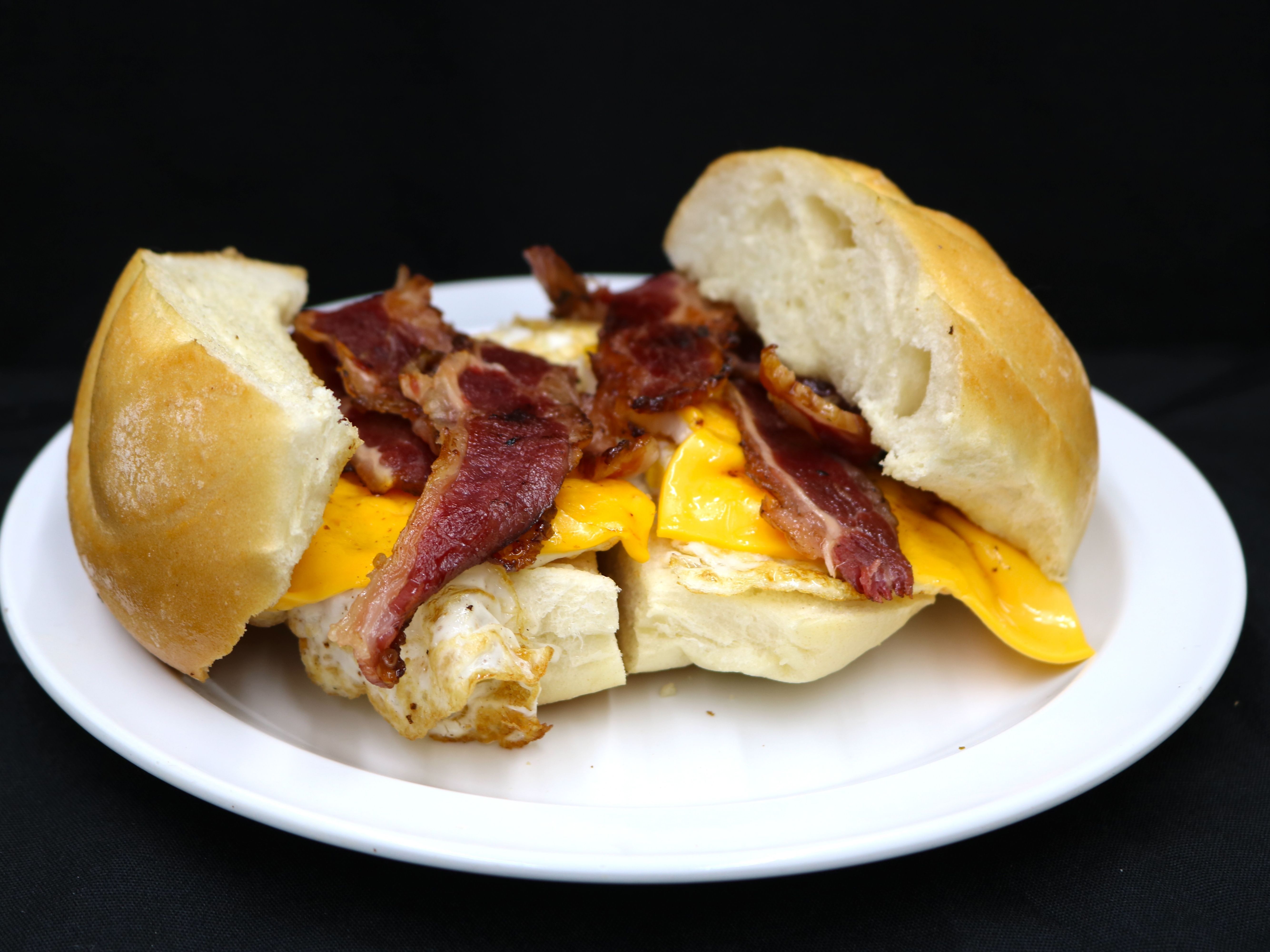 Beef Bacon, Egg, Cheese Sandwich.