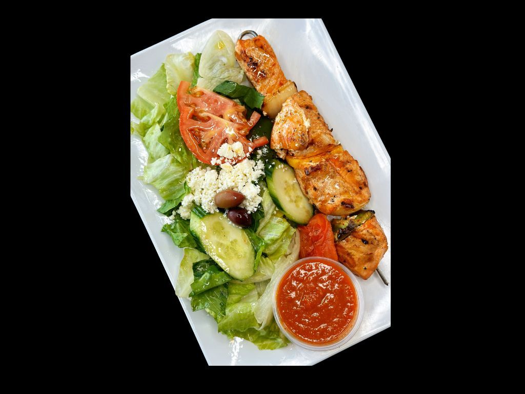 Salmon Kebab (1 Skewer) Over Salad.