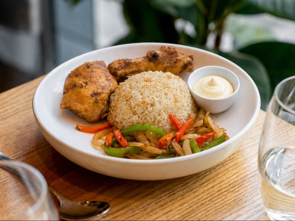One Chicken 1/4Leg & Thigh (With Fries Or Rice & Sauteed Onion, Tomato, Pepper) & Choice Of Sauce (Lemon Herb/peri Peri/Mild/Hot).