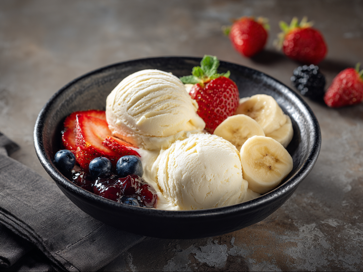 Ice Cream and Fruits.