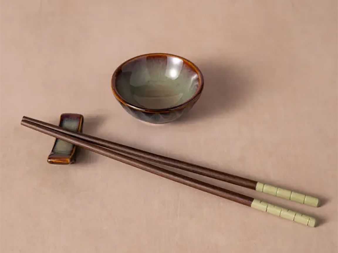 Mekong Chopsticks, Stand + Dipping Bowl Set.