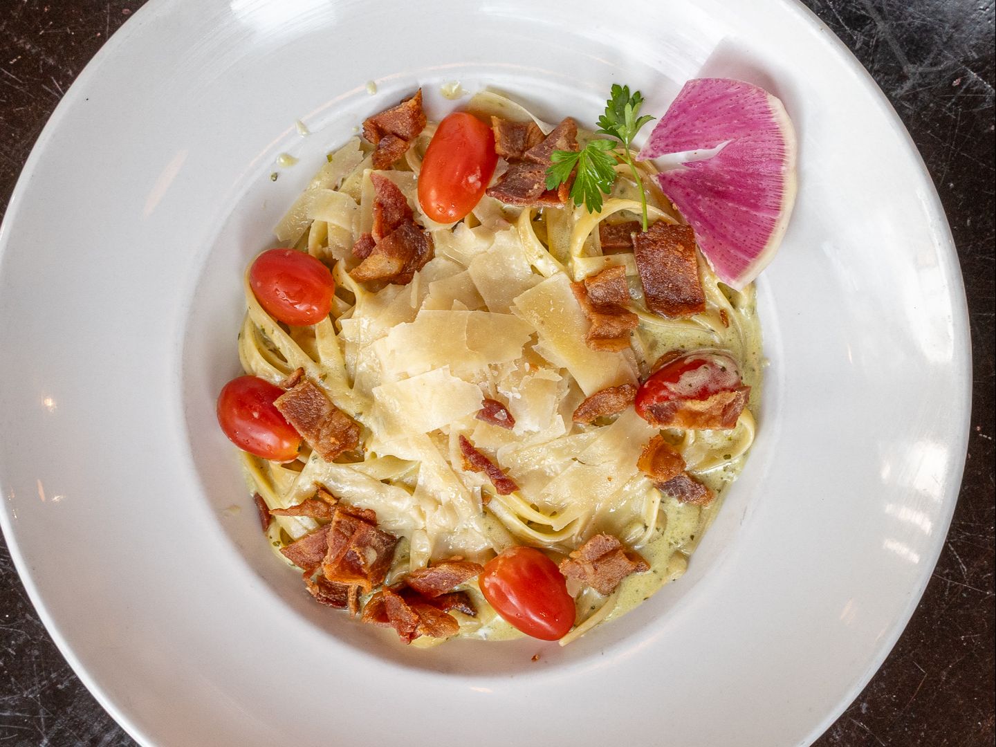 Pesto Fettuccini with Bacon & Cherry Tomatoes(C).