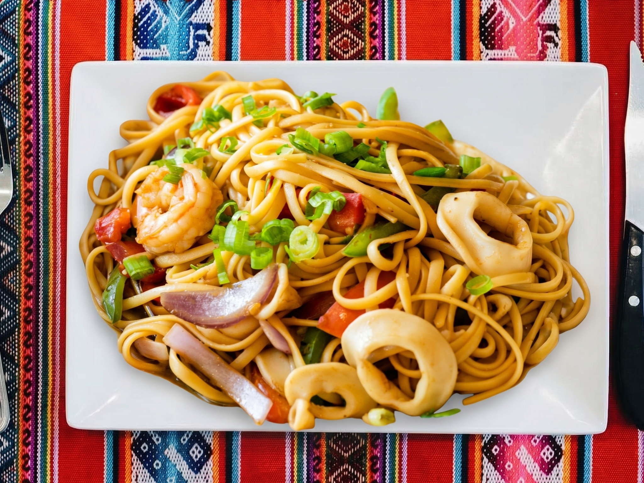 Tallarin Saltado De Mariscos.