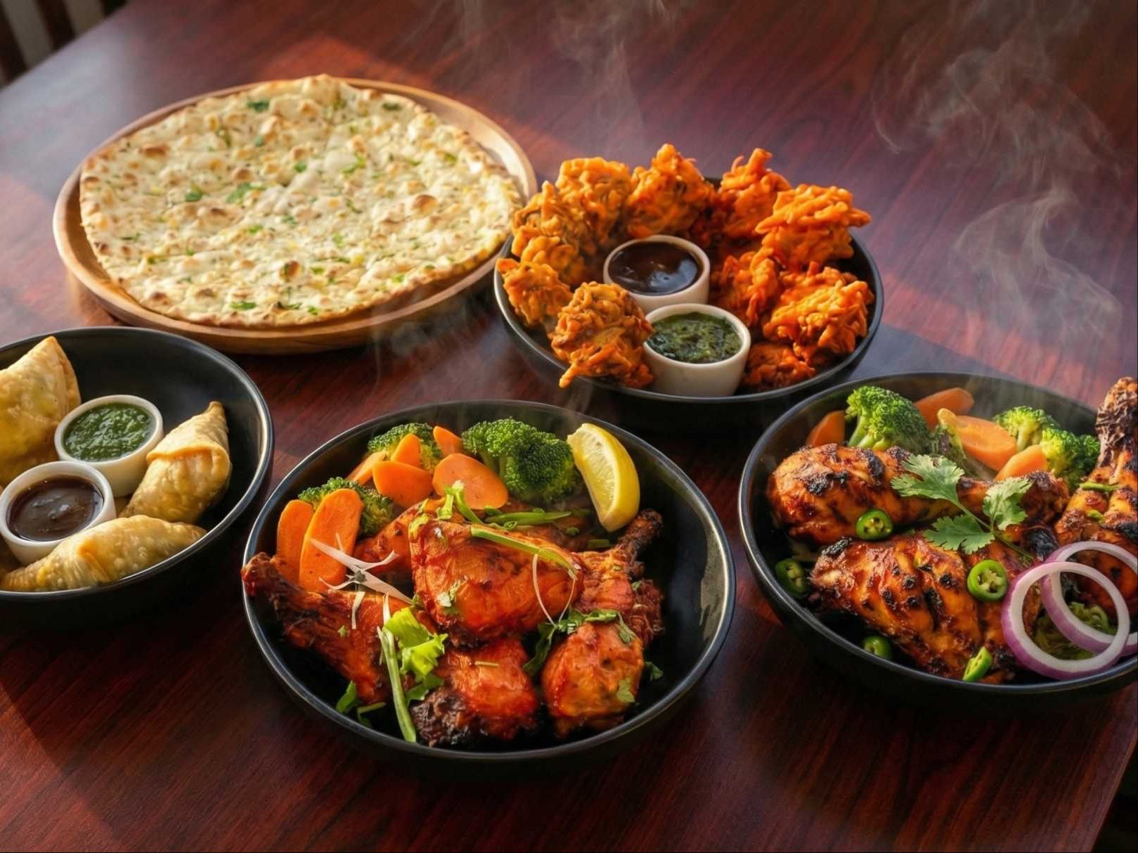 Party Platter - 12 pcs Chicken Tandoori, 4 pcs Onion Bhaji, 4 pcs Pakora, 4 pcs Samosa, 1 Garlic Naan.