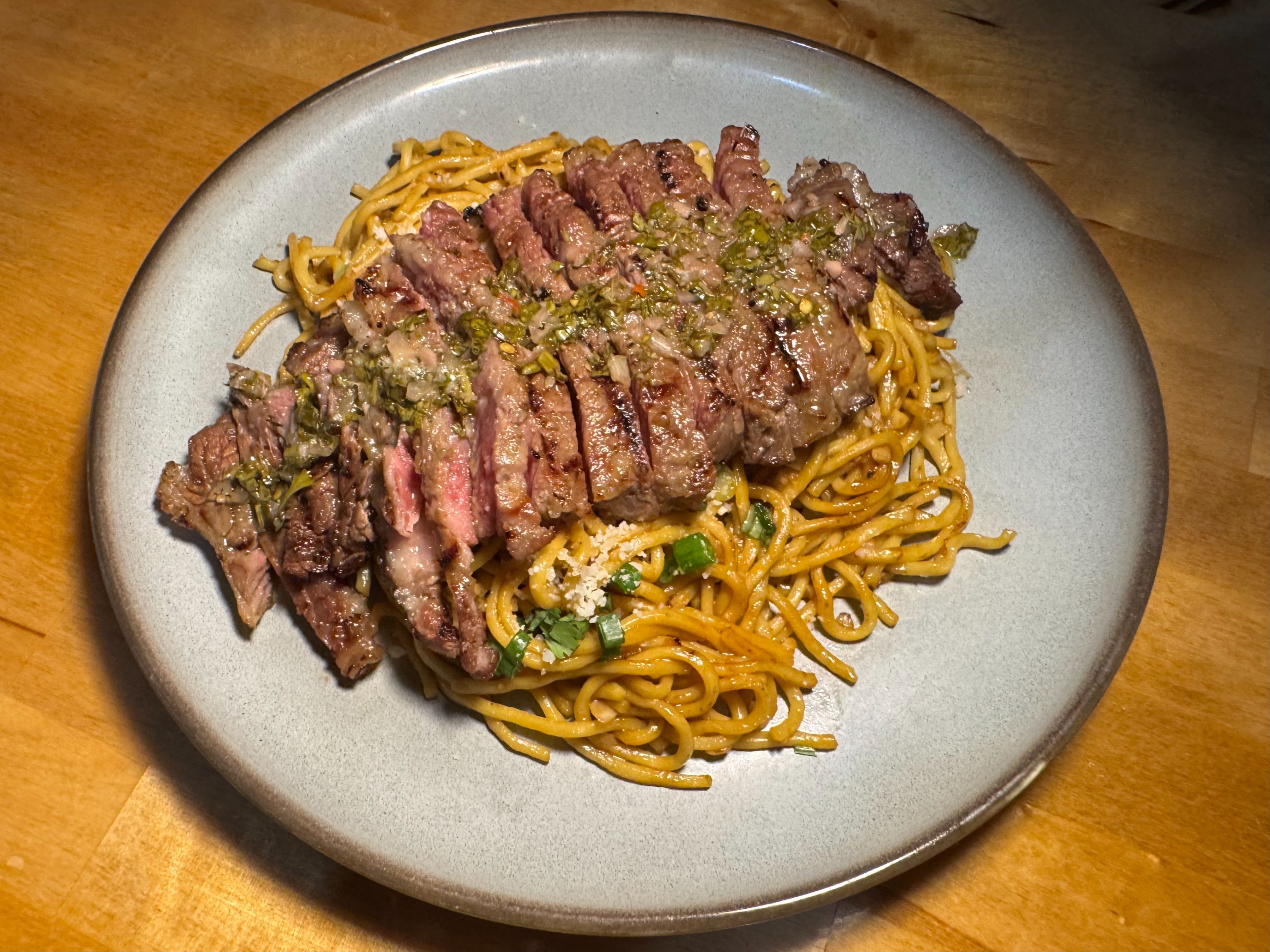 GRILLED RIBEYE GARLIC NOODLES.