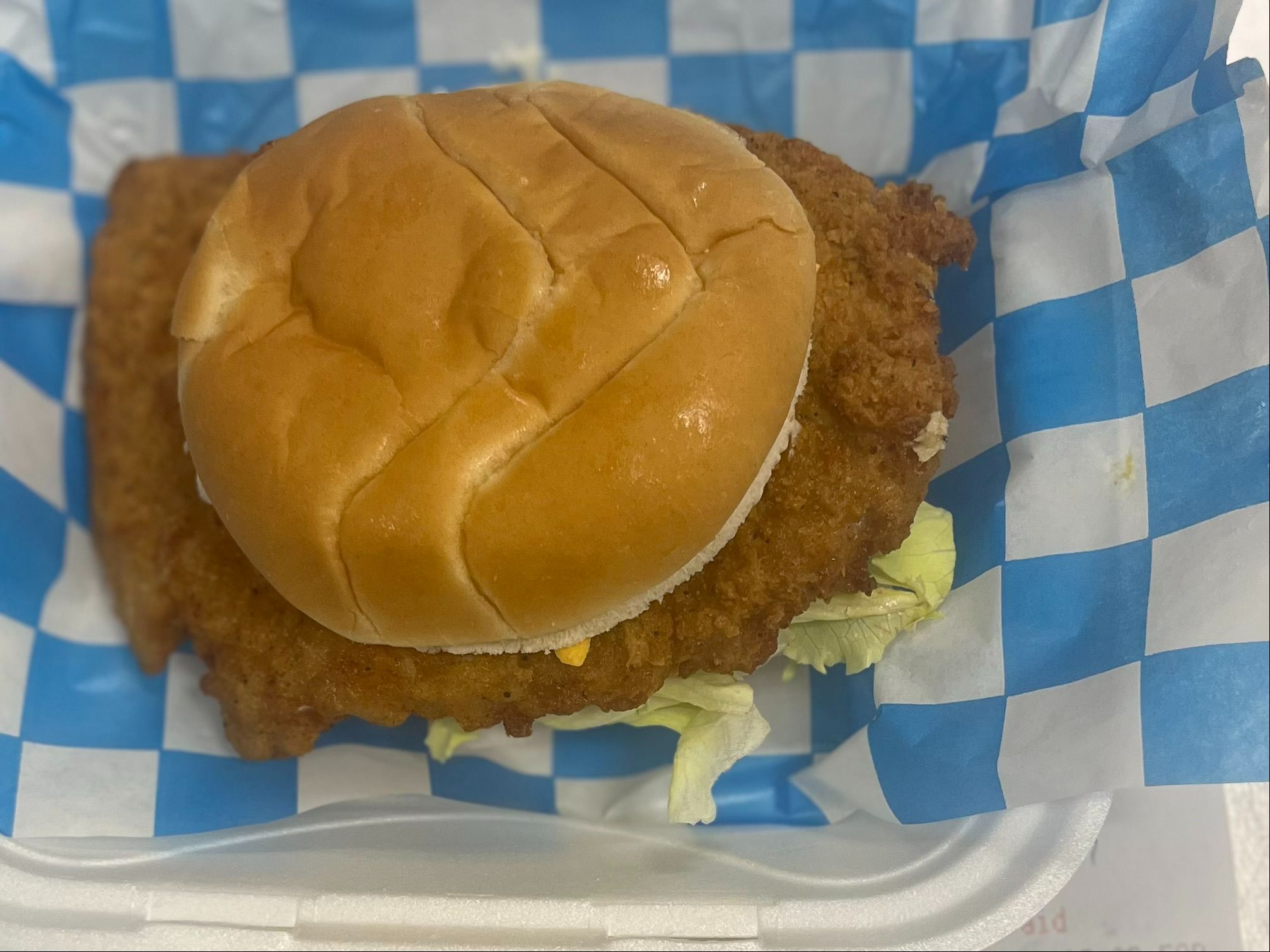 1 Piece Pork Fritter Tenderloin Sandwich.