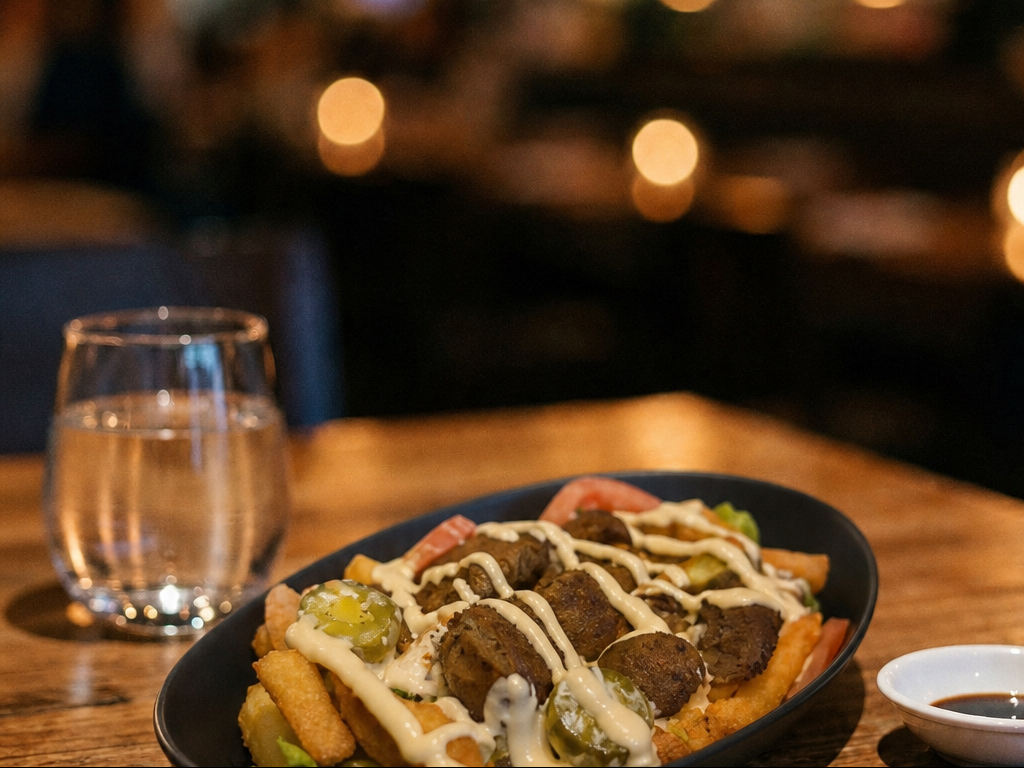 Fries Bowl With Gyro Meat(Lettuce, Jalapeno,Tomato,Onion, Garlic & Sharjah Sauce )