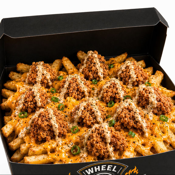 Loaded fries with fried chicken