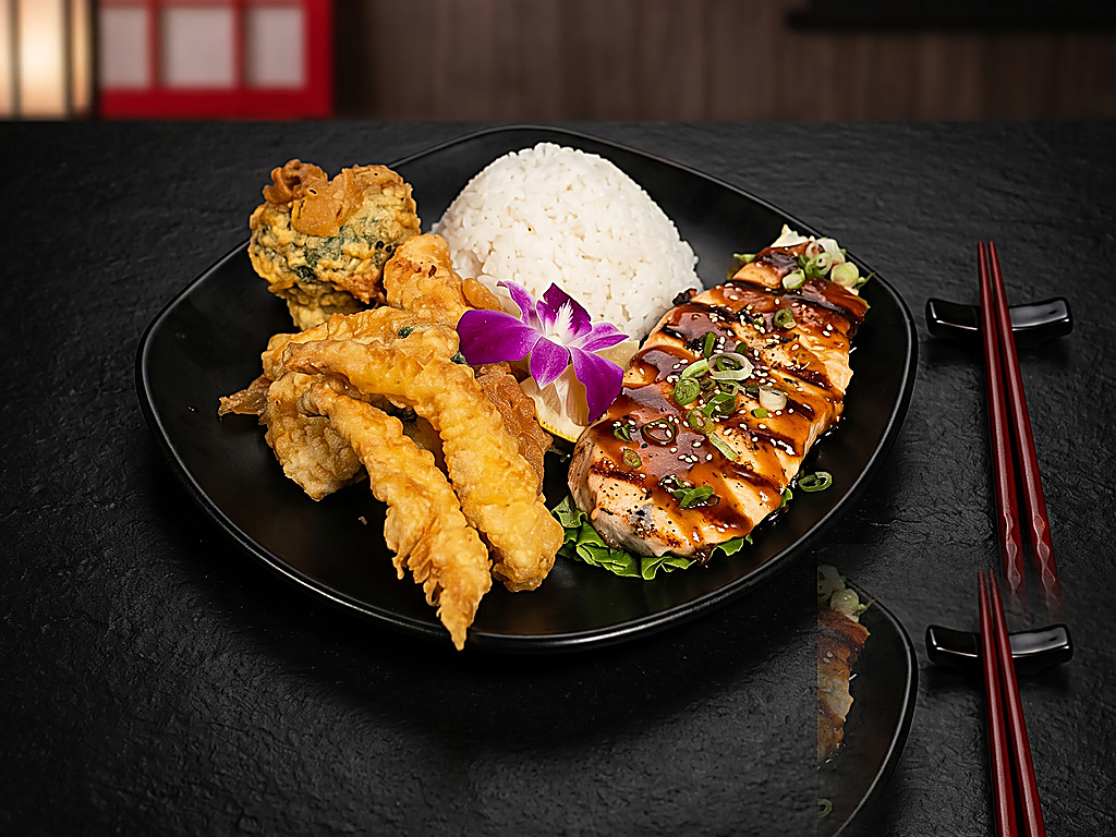 Teriyaki Salmon with Tempura.
