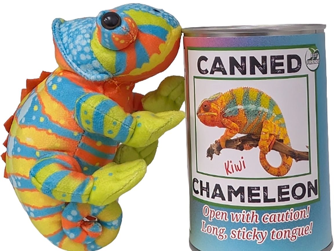 Kiwi the Canned Chameleon Stuffed Animal Plush w/Funny Jokes Foil Lid.