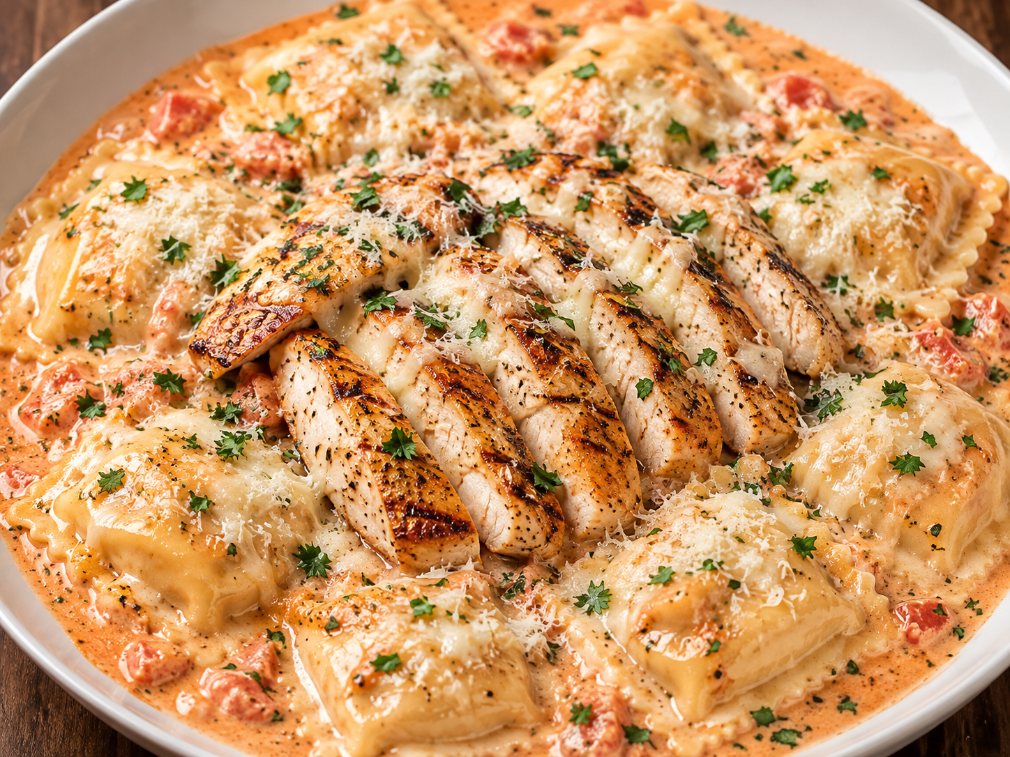 CHICKEN ALLA ROSA CHEESE RAVIOLI.