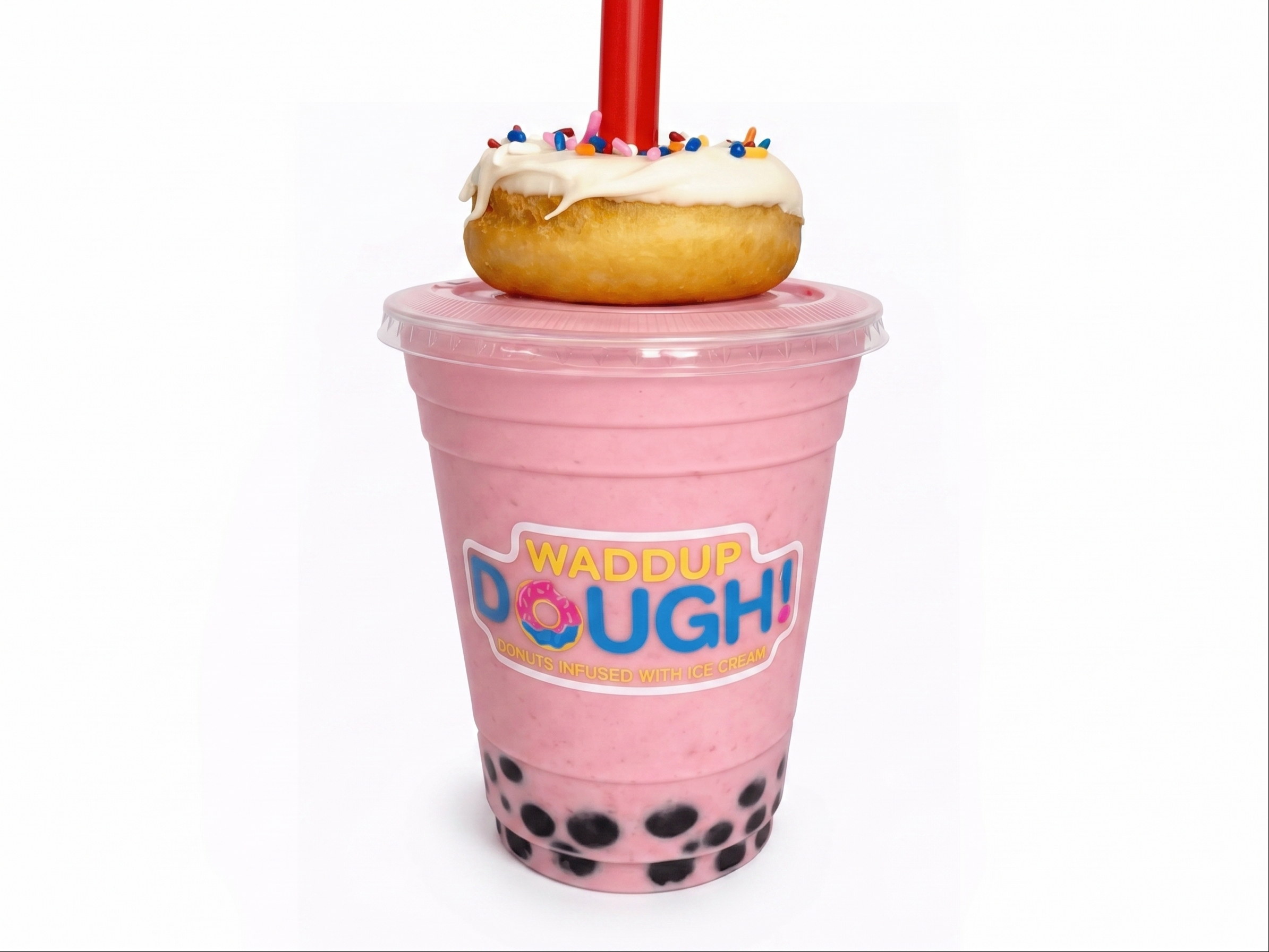 Strawberry Shake w/ Boba + Donut.