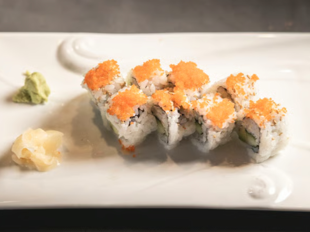 SR1. California Roll Deluxe - Real crab meat, avocado, cucumber, fish eggs on top.