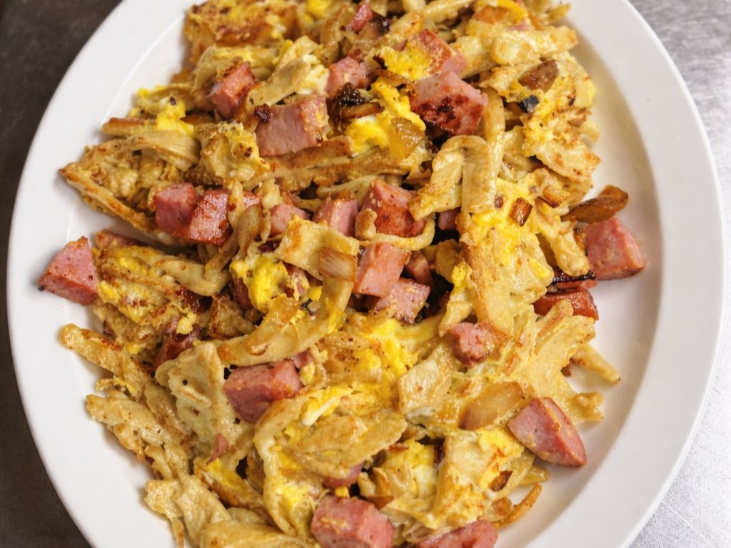 Kluski Mixed with Scrambled Eggs & Toast.